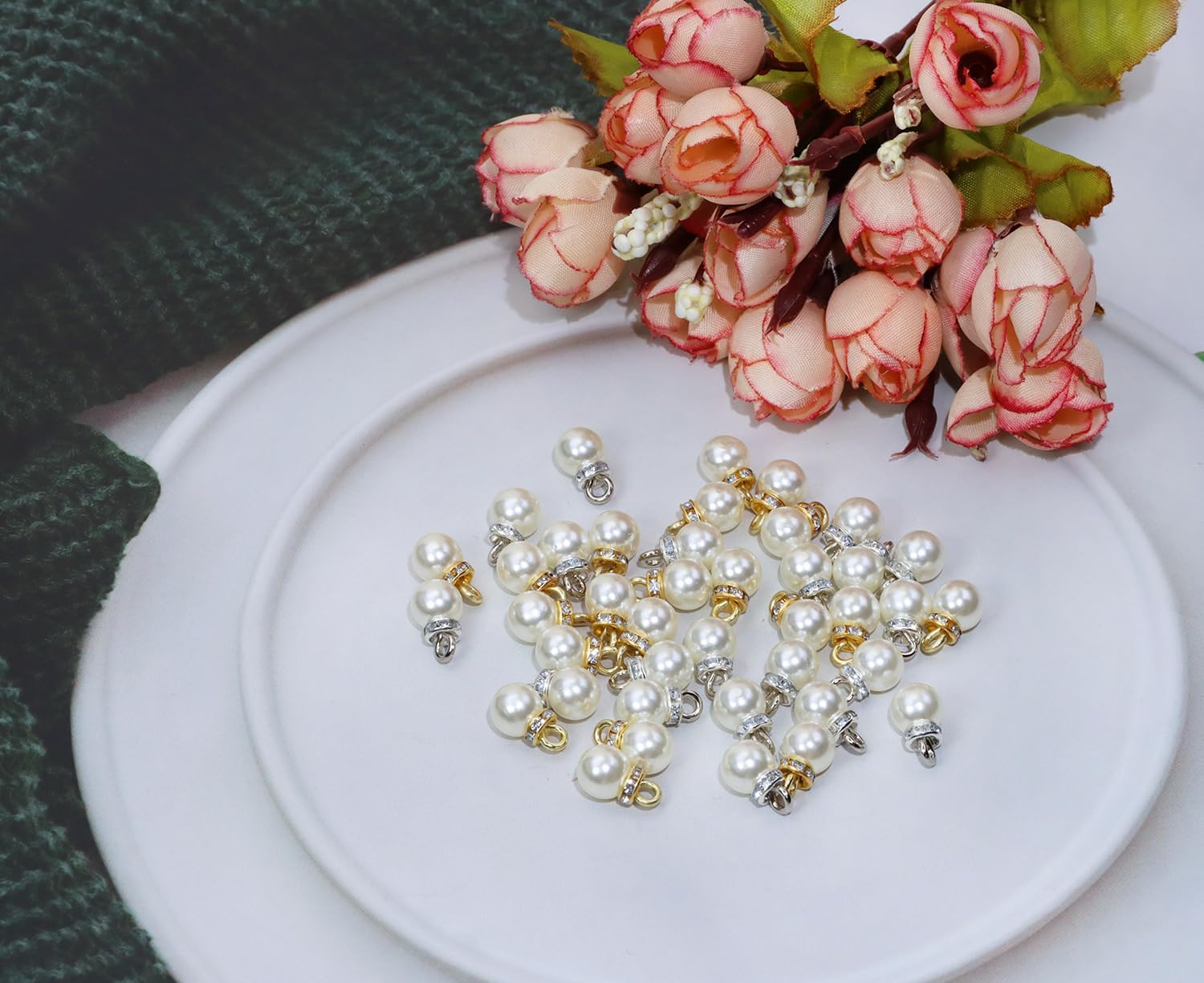 Tupalizy Pearl Charms Faux Pearl Beads with Rhinestones Pendant Decor for Bracelets Jewelry Making Necklaces Earring Keychains DIY Crafts Gifts Wedding Accessory, 20PCS Silver and 20PCS Gold - Image 4