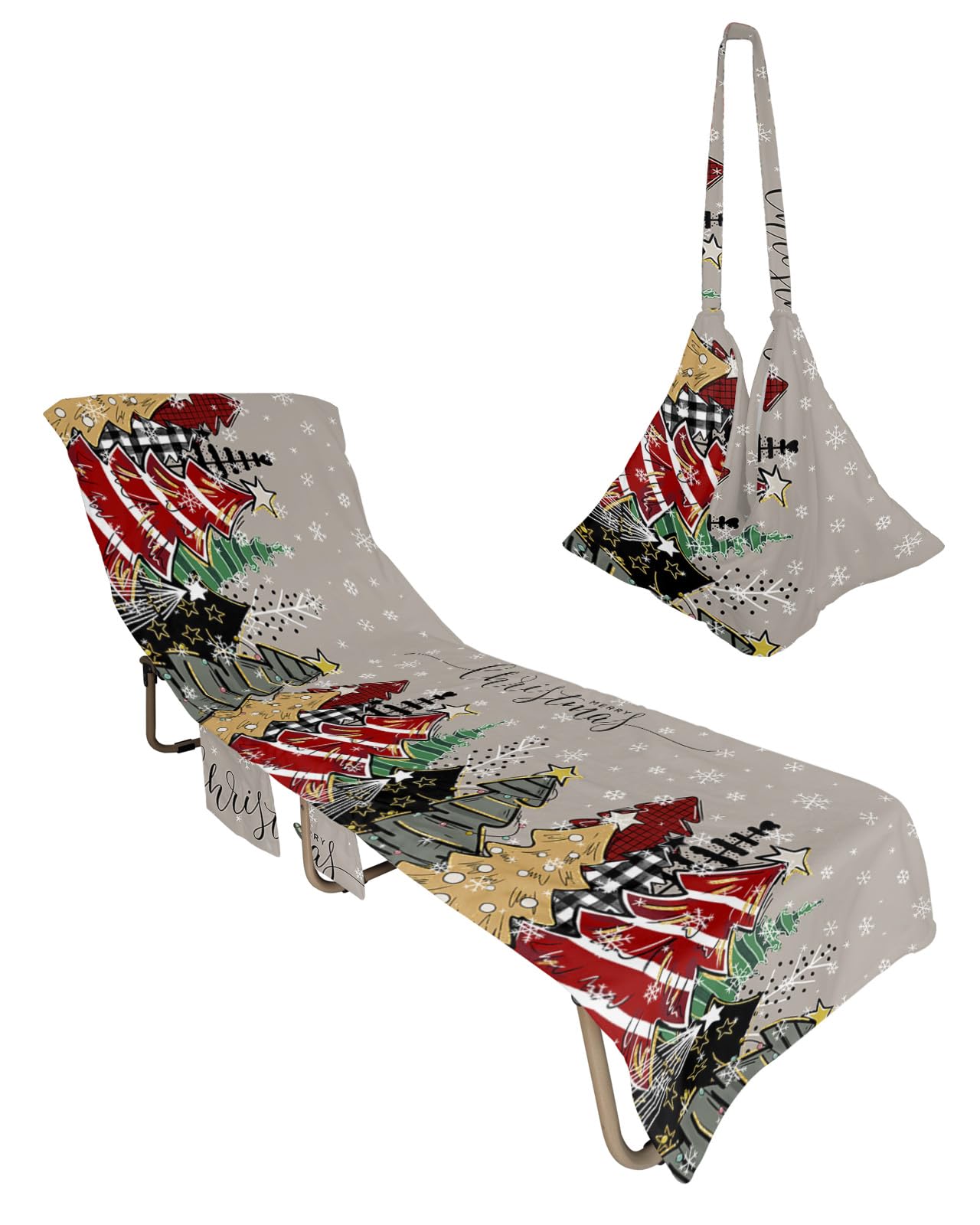 Christmas Tree Grey Beach Chair Towel Covers for Chaise Lounge with Side Pocket, Soft Plush Pool Towels Cover for Patio Sunbathing Outdoor 29''x85'' Snowflake Red Gold Green Dot