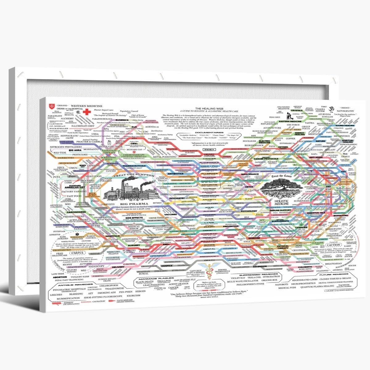 Healing Web Poster Natural Remedies Chart Print The Healing Web Holistic Health Map Poster Canvas Wall Art Mental Health Posters Traditional Therapies for Therapy Office Decor 18x12inch Framed