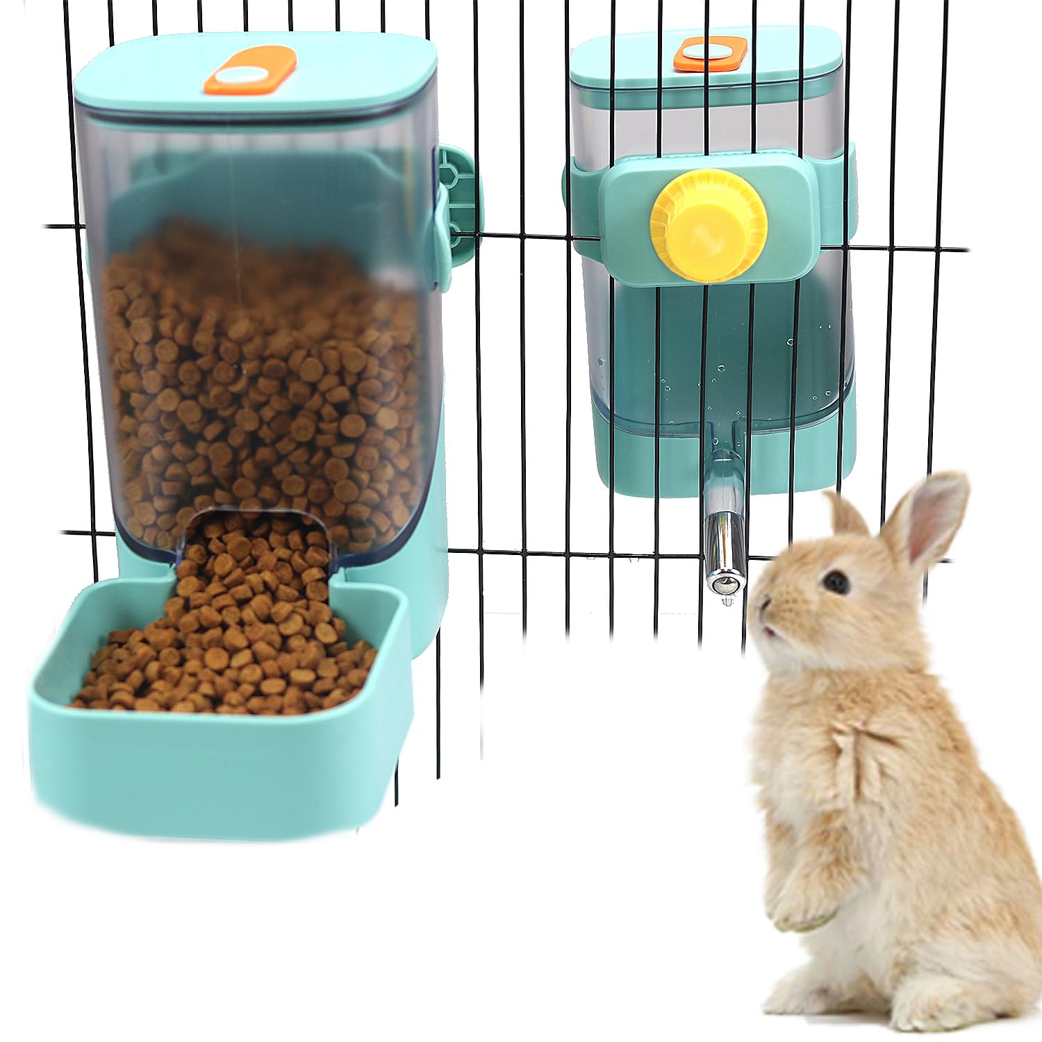 PODOO Rabbit Food Water Dispenser, 24oz No Drip Bunny Water Feeder, 34oz Large Hanging Automatic Pet Food Dispenser, Hanging Outside or Inside The Cage for Small Animals (Food+Water)
