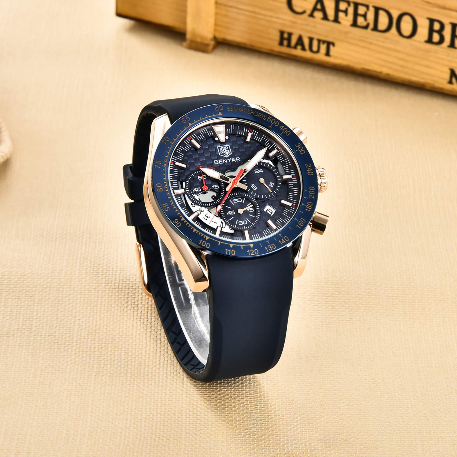 BENYAR BY Orologio Uomo Casual Cronografo da Uomo Movimento al Quarzo Cinturino in pelle Moda Sportivo 30M impermeabile Elegante Regalo per Uomo