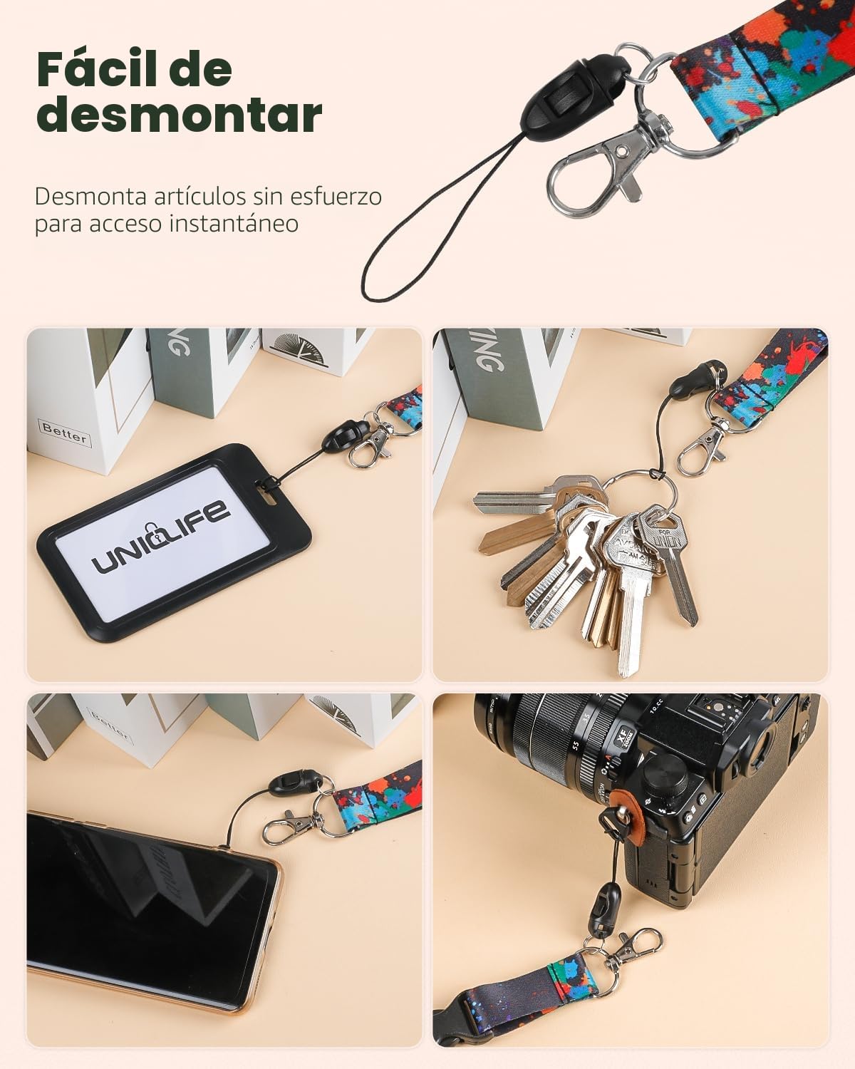 Uniclife Pack de 2 Cordones para Llaves, Cordón Portacredenciales con Portatarjetas, Cordón de Liberación Rápida, Llavero conn para Mujeres y Hombres, Largo con Diseño de Salpicadura de Pintura