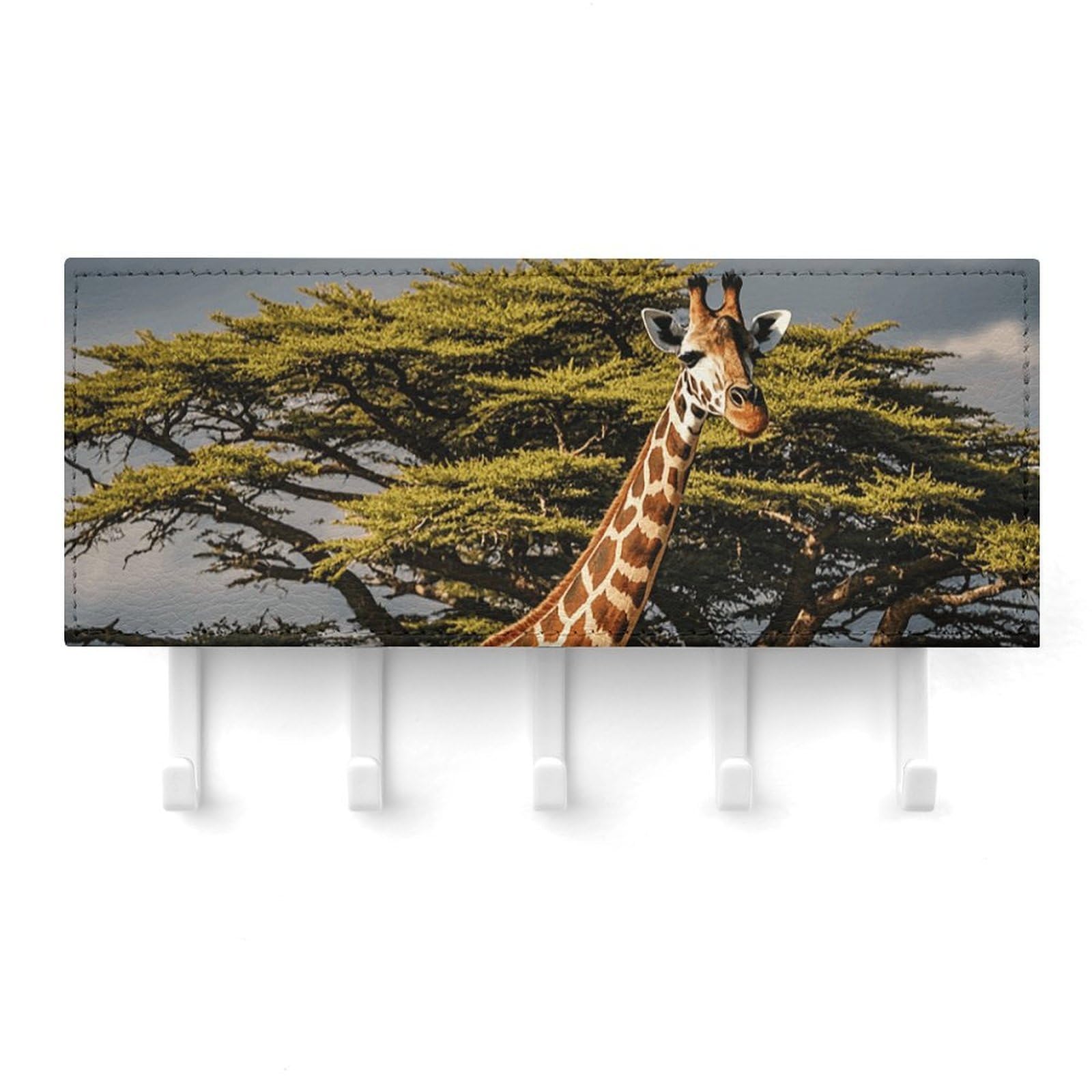 QMNLKH Africa Giraffe Majestic Tree Wall Mounted Key Rack for Home, No Drilling Key Holder with 5 Hooks, Self Adhesive Keys Chain Organizer for Hallway, Keys Hanger Shelf for Office, Doorway White