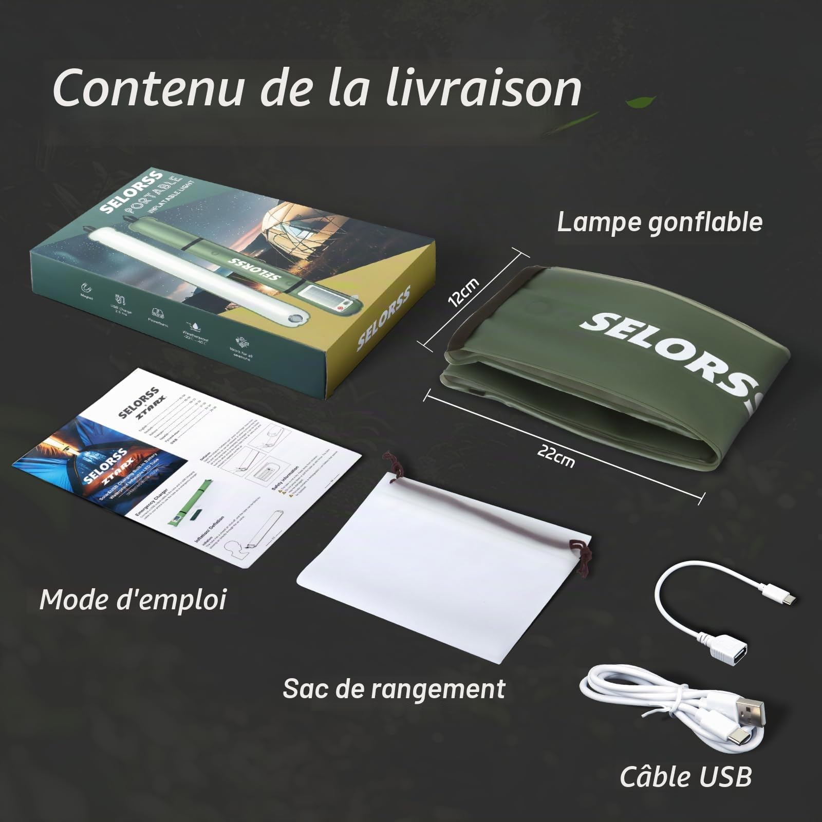 Lampes de Camping Gonflables Solaires 33.86IN/86CM Lampe Télescopique Pliable Outask, Lumière LED Extérieure Portable 2000mAh IP66 Étanche avec Lumière Blanche pour Camping, Randonnée - Vert