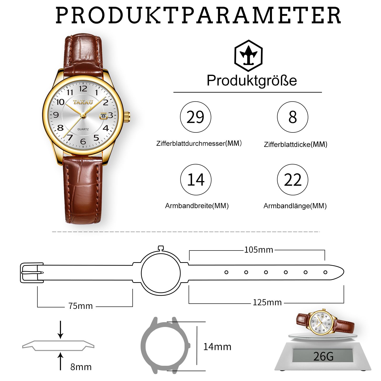 Taxau Damenuhr Lederarmband Analog Quarz–Elegante Armbanduhr Damen mit Datumsanzeige, Kleine 28mm Damen Uhr, 3Bar Wasserdicht,Klassisches Design Geschenke für Frauen