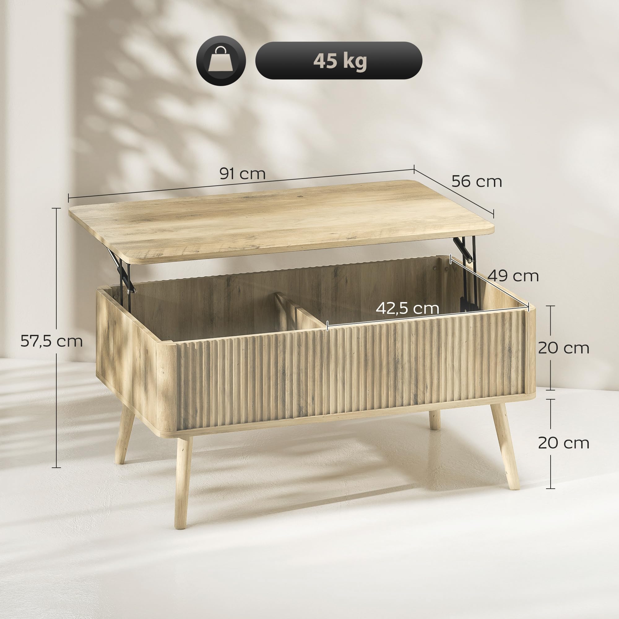 HOMCOM Table Basse Relevable 2 Compartiments Cachés 91 x 56 x 43 cm Chêne