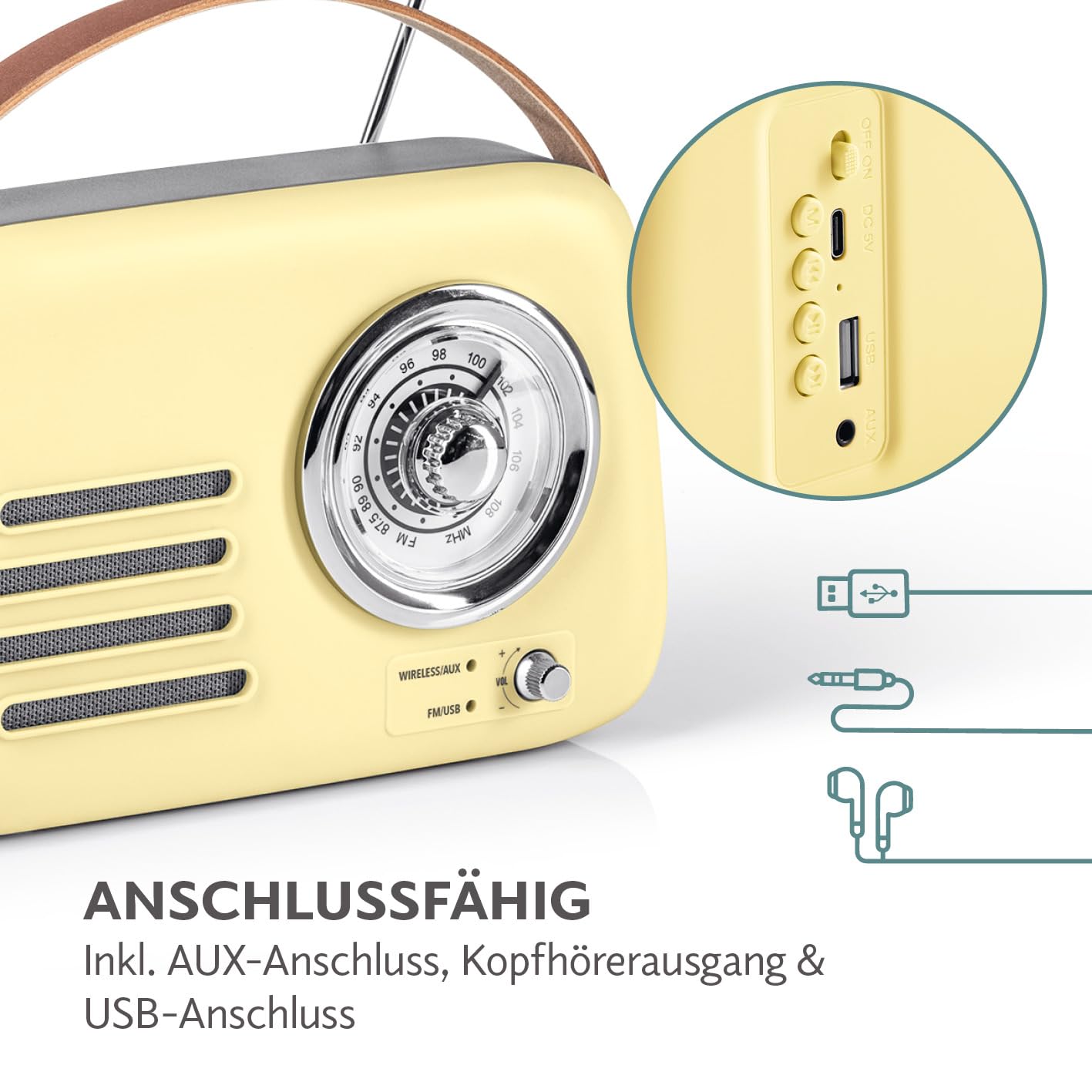 CREATE Retro Bluetooth Lautsprecher | 40W, Bis 5h Laufzeit | Mit Trageriemen, Cremeweiß