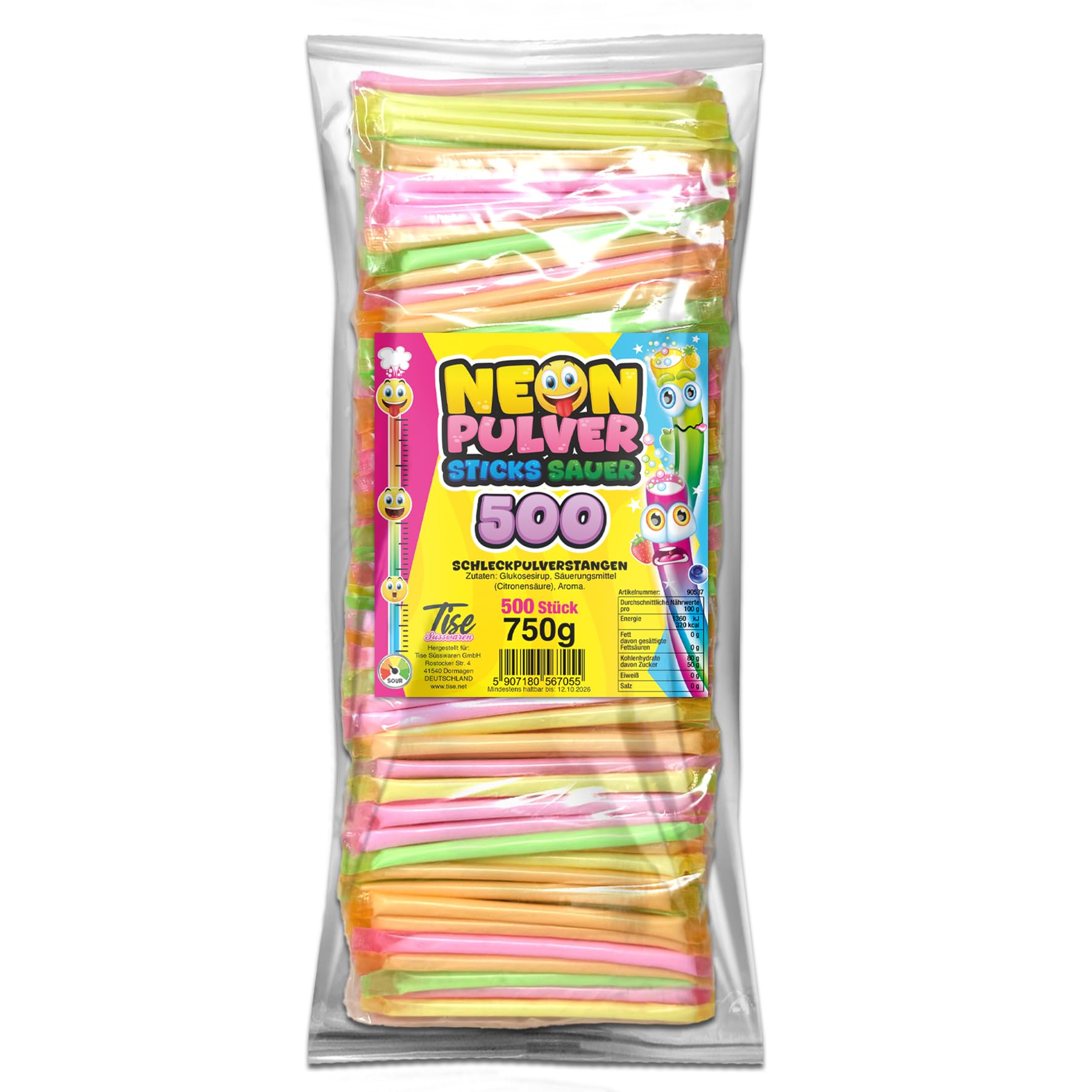 Tise Süßwaren Neon Pulversticks für Karneval und Fasching - Wurfmaterial, Schleckpulver, 500 Stück (750g)