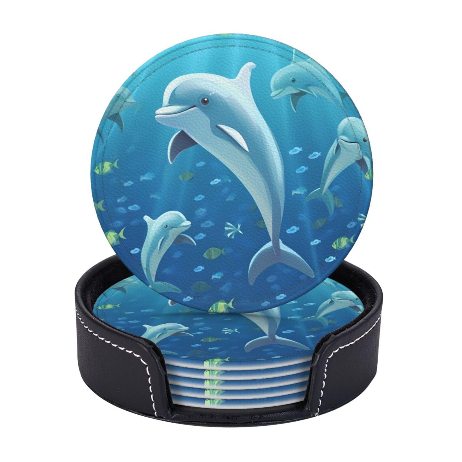 Round Coasters for Drinks Set of 6 - PU Leather Coasters with Holder - Modern Drink Coasters for Coffee Table - Dolphin Coaster for Tabletop Protection 4" Cup Mat Pad