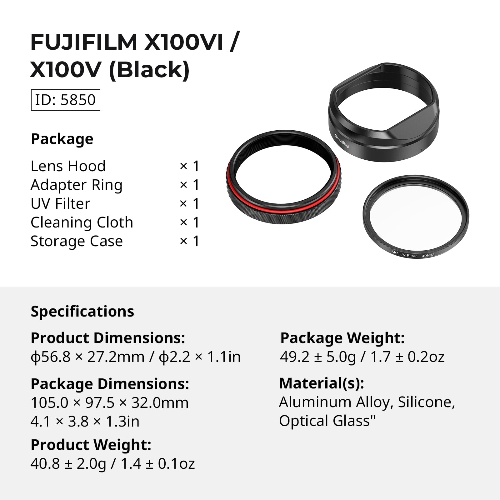 SMALLRIG UV-Filter mit Gegenlichtblende für FUJIFILM X100VI / X100V, UV-Filter mit 99% Lichtdurchlässigkeit, Antireflex & Anti-Geisterbilder, Gegenlichtblende aus Aluminiumlegierung, Schwarz - 5850