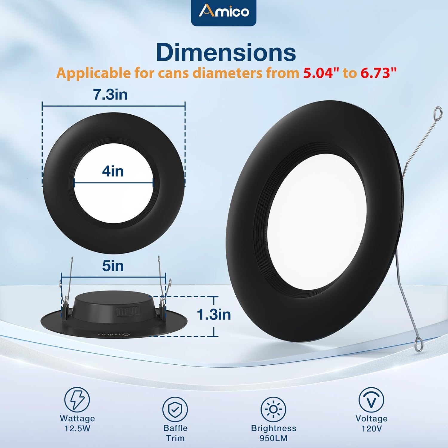 Amico 4 Pack 5/6 inch 5CCT LED Recessed Lighting, Dimmable, 12.5W=100W, 950LM, 2700K/3000K/4000K/5000K/6000K Selectable, Retrofit Can Lights with Baffle Trim, IC Rated - ETL & FCC, Black - Image 6
