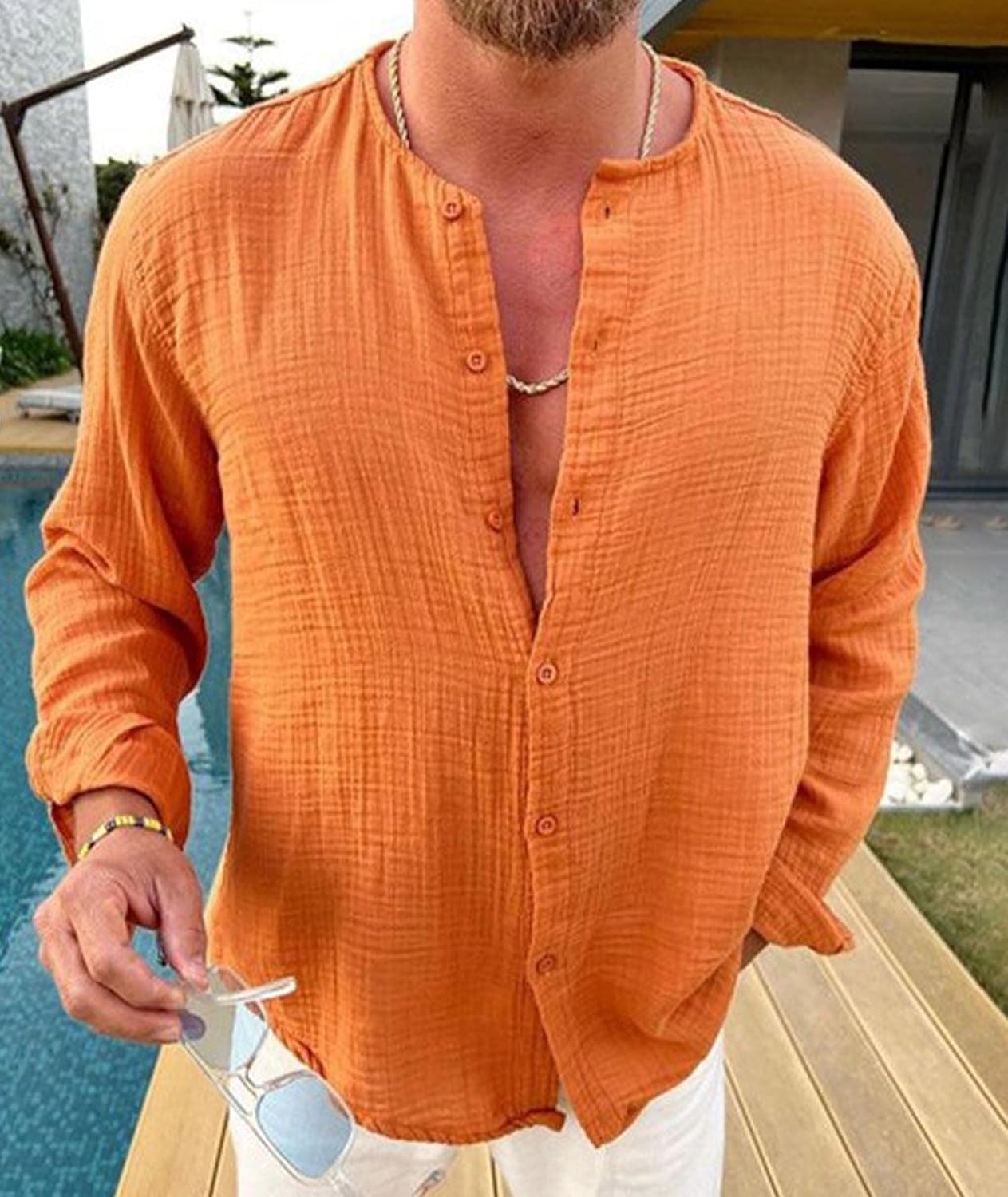 SOMTHRON Men's Linen Button Down Shirt Long Sleeve Casual Collarless Lightweight Beach Summer Tee Tops - Image 5