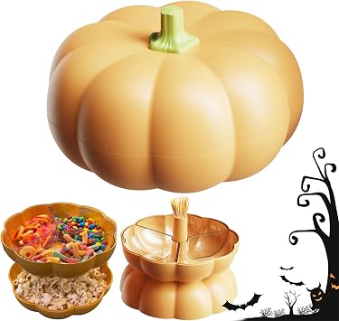 Pumpkin Snack Tray, Perfect Pumpkin Snack Bowl, Pumpkin Snack Holder Double Layer with 3 Divided Compartments and Toothpick Storage, for Halloween Movie Nights 8 * 8 * 6.4 in-Orange