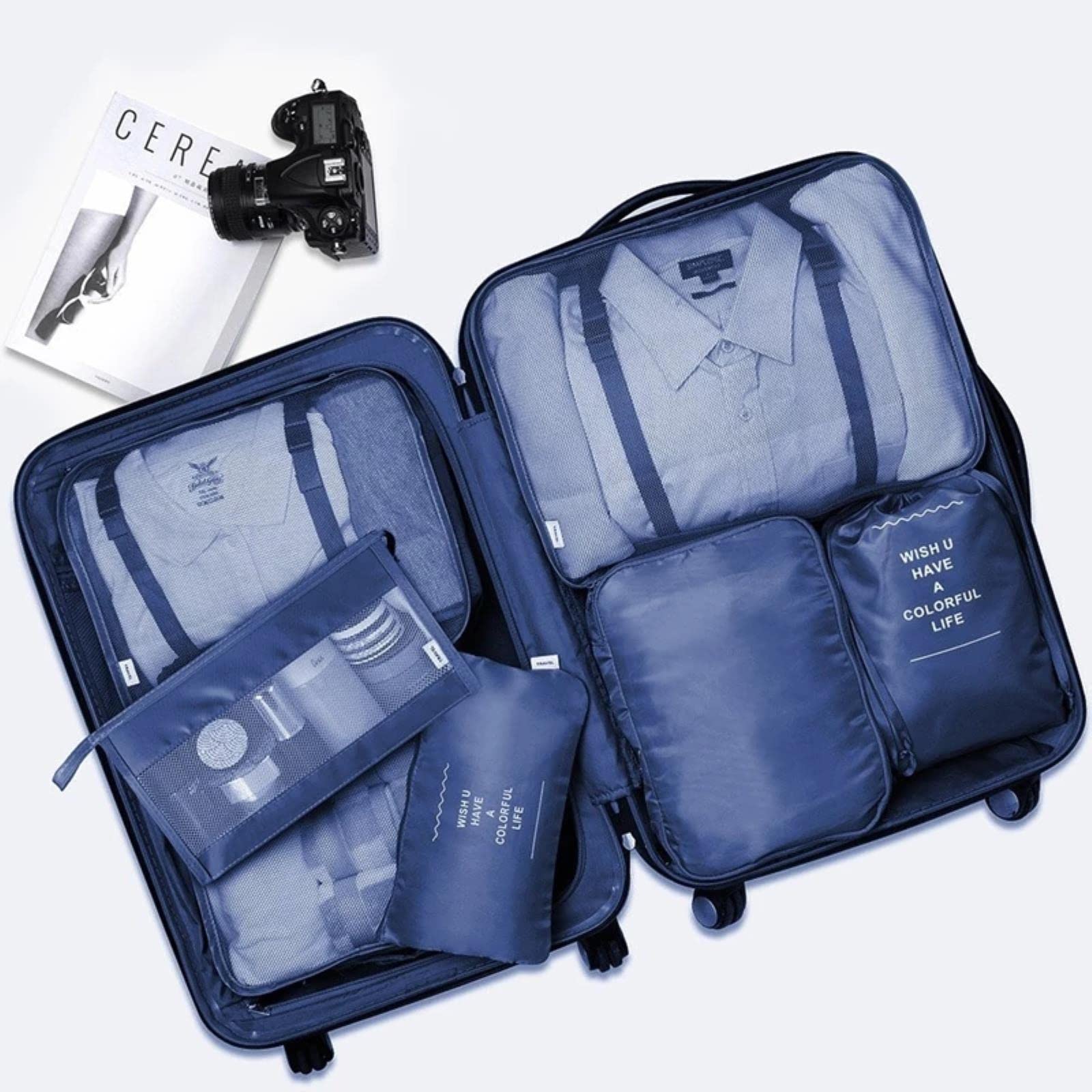 Set da 7 Pezzi Organizzatore da Viaggio Borse portaoggetti Valigia Cubo da imballaggio Bagagli Portatili Custodia per Biancheria Intima-Blu Scuro 7 Pezzi A