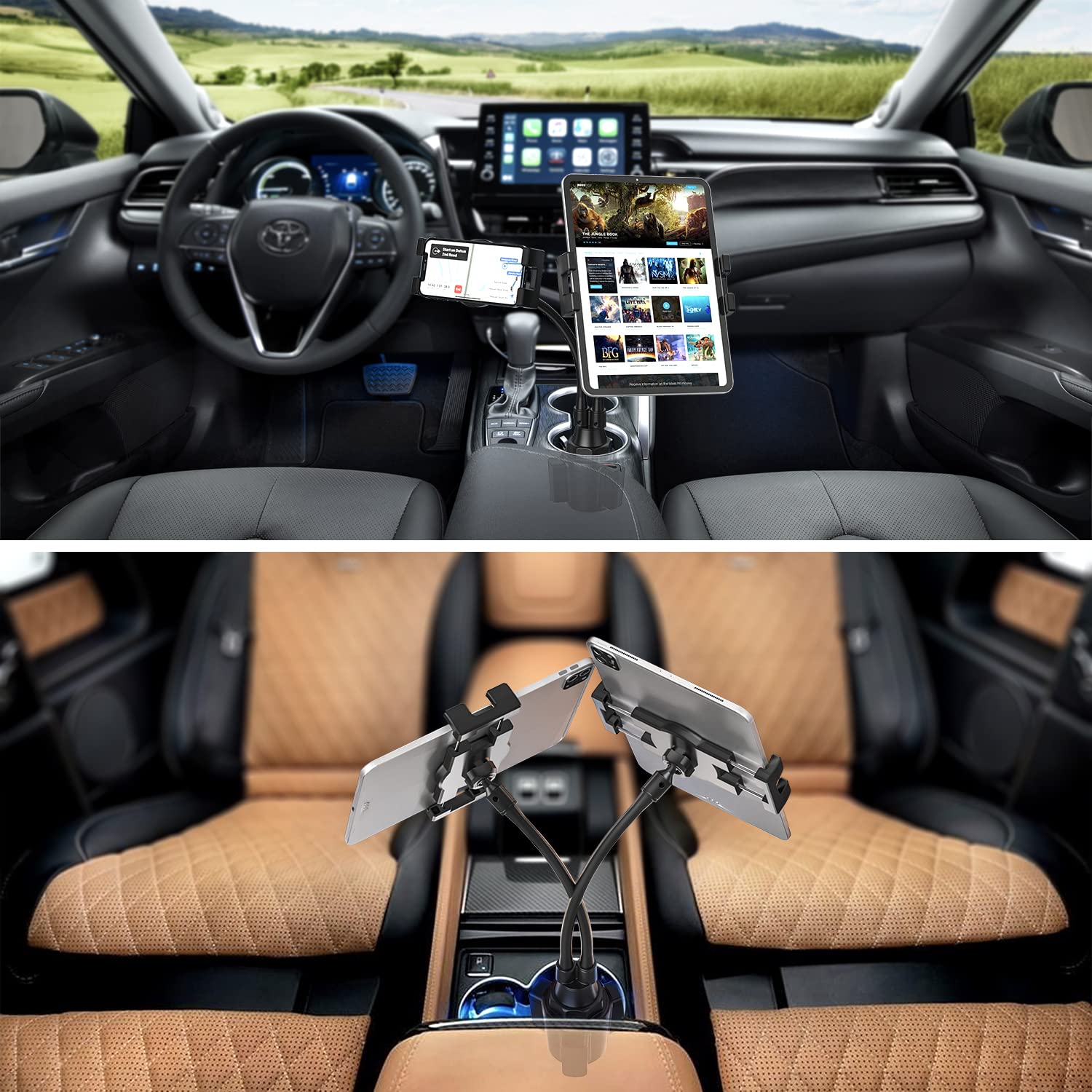 Soporte Tablet Portavasos Coche, Soporte Tablet Taza Coche con Brazos Dobles de Cuello de Cisne y Abrazaderas, para iPad Pro Air Mini, Galaxy Tabs, iPhone, Móvil y Tabletas de 4-12.9"