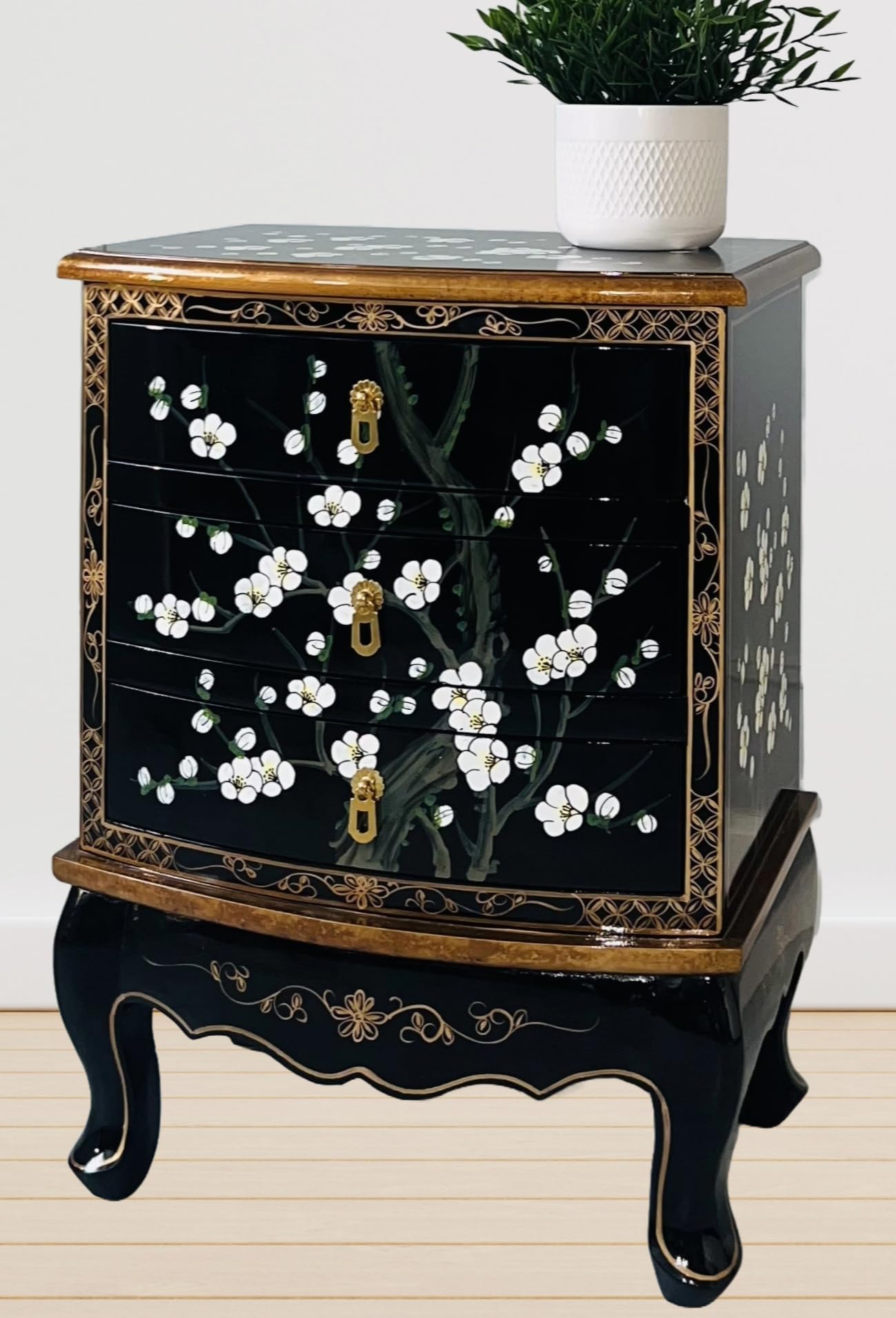 Chinese Oriental Furniture Blossom Chest Of Drawers, Bedside Table, Lamp Table