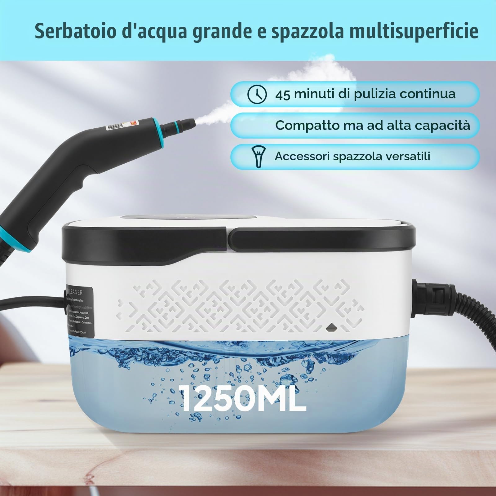 Pulitore a vapore 2500 W, 4,5 bar, alta pressione, riscaldamento 15 secondi, serbatoio 1250 ml, 9 accessori, tubo da 2 m, per la pulizia della casa, potente per cucina, auto, pavimento