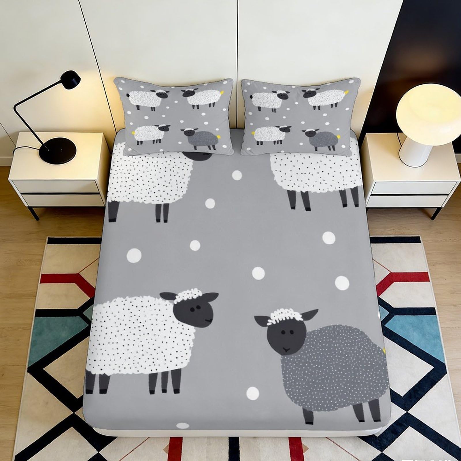 3D Printed Sheep Pattern Fitted Sheet Microfiber Grey Polka Dot Mattress Cover for Bedroom Dorm Protector Decor 120x200x25cm