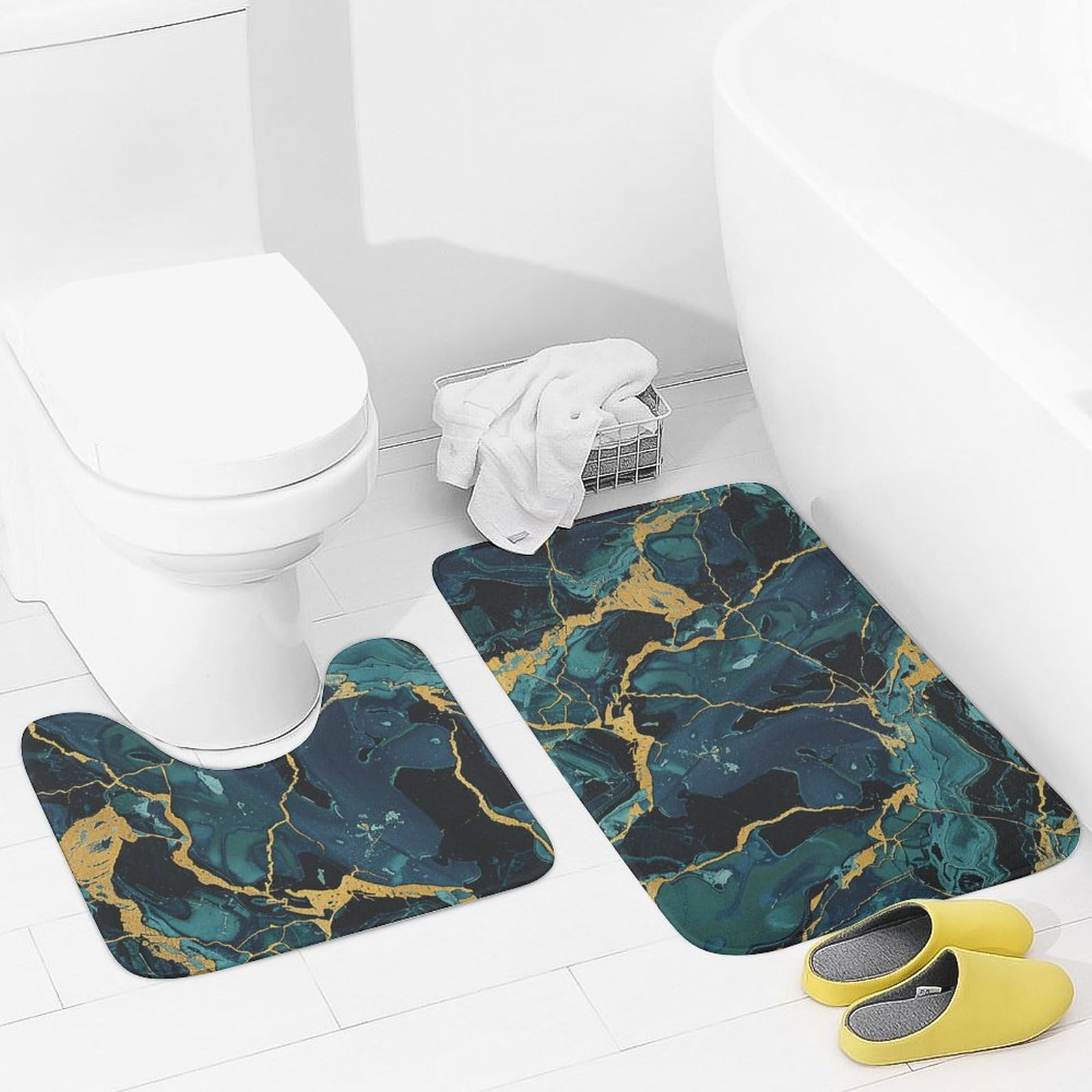 Tapis de salle de bain jaune lot de 2 avec contour WC en U antidérapant