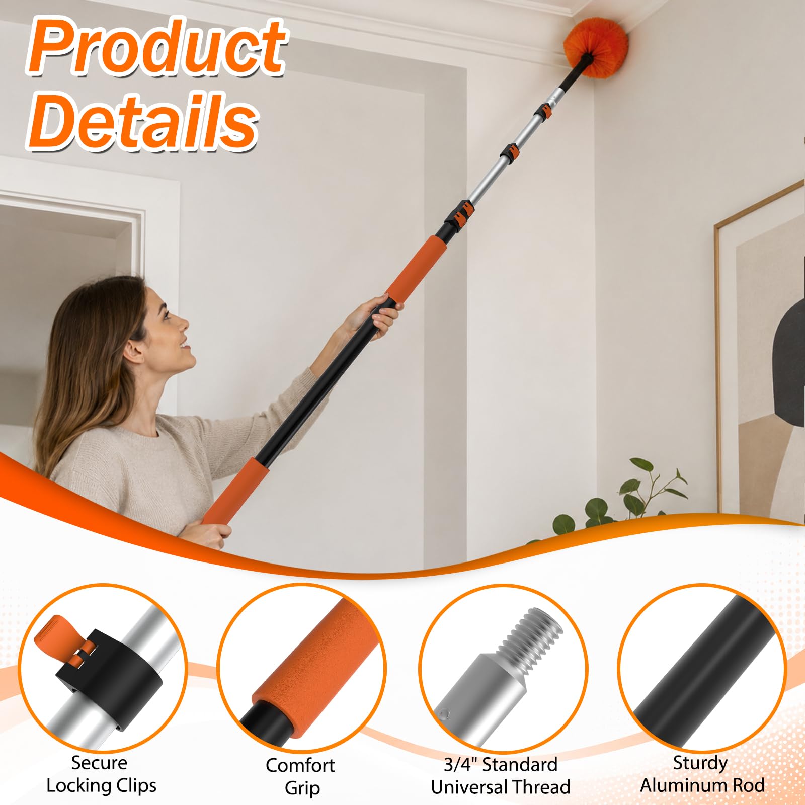 SISUPASSIE Kit per spolverare alto soffitto 9,1 m, kit per la pulizia delle finestre con asta di estensione da 2,8 a 9,5 m, spolverino per ventilatori a soffitto, piumino in microfibra, lavavetri