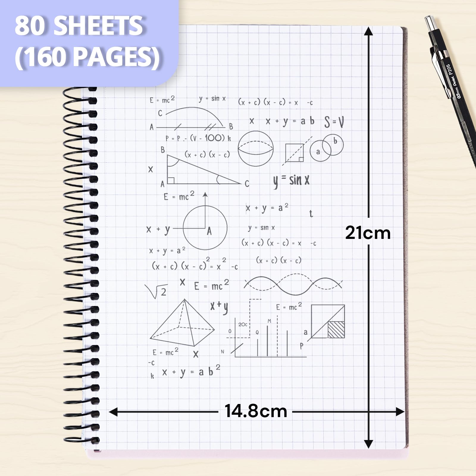 ONAVIA Pack 5 Cuadernos de Cuadrícula A5, 80 Hojas Papel 90g/m², Negro | Cuadrícula 5 mm con Encuadernación Espiral, Libreta para Apuntes, Bocetos, Registro de Datos y Tareas