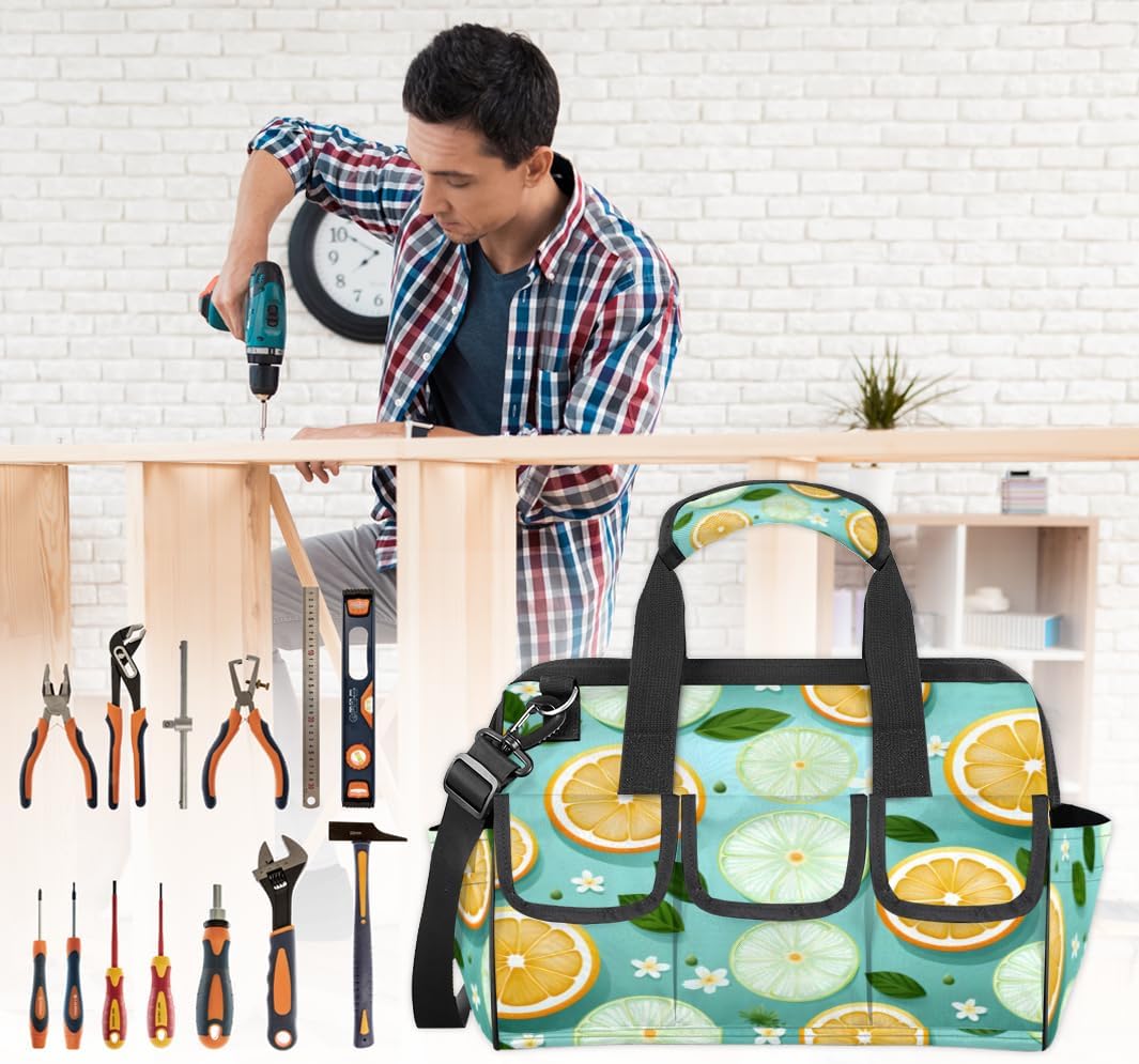 Cartoon Delicious Lemon Tool Bag with Multi-Pockets Wide Mouth Tool Tote Bag for Women and Men Waterproof Tool Organizer Storage Bag with Adjustable Shoulder Strap and Ergonomic Handle