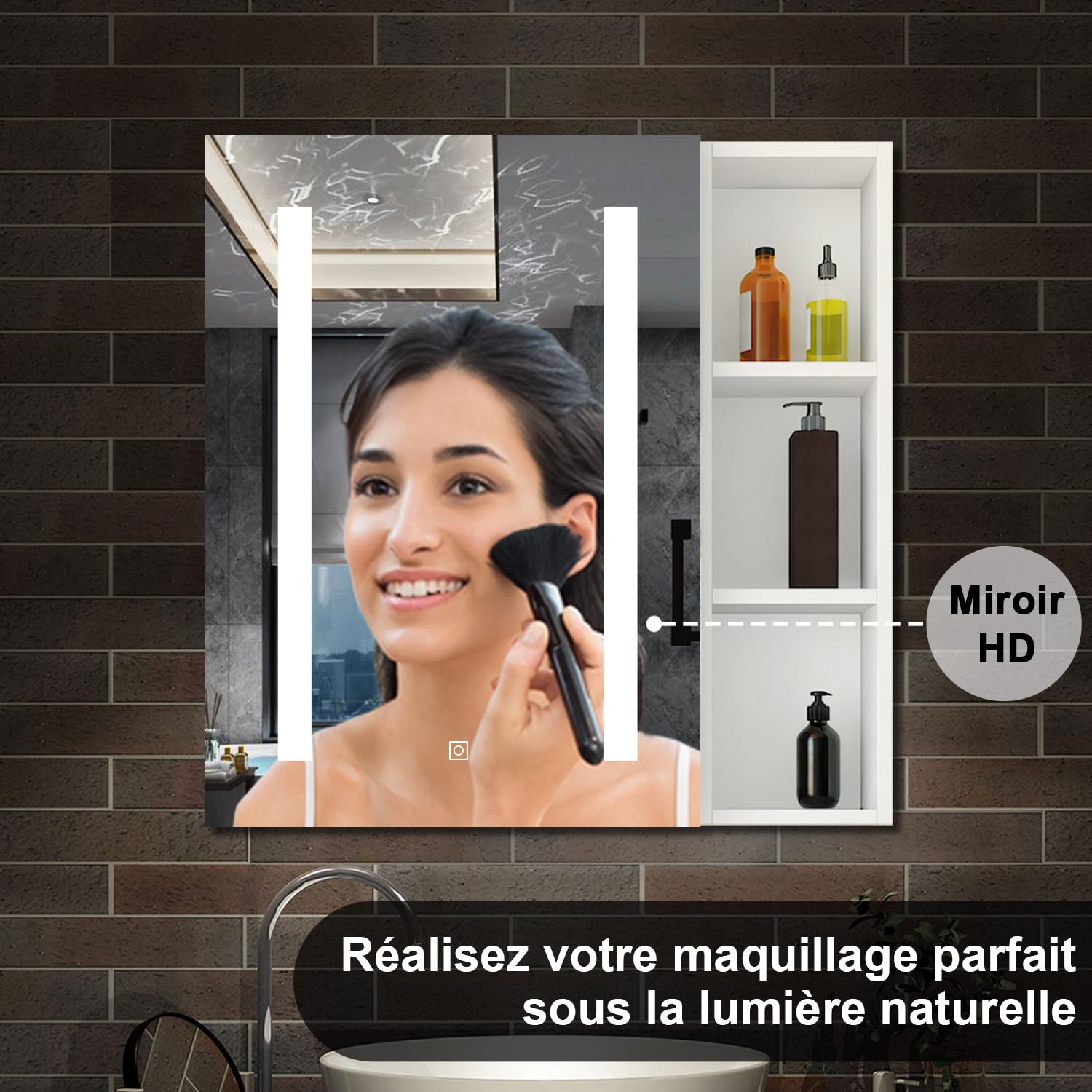 AICA Armoire de Toilette avec Miroir LED et Étagère Latérale, Anti-Buée, Éclairage 3 Couleurs + Prise, Blanc 60x70 cm
