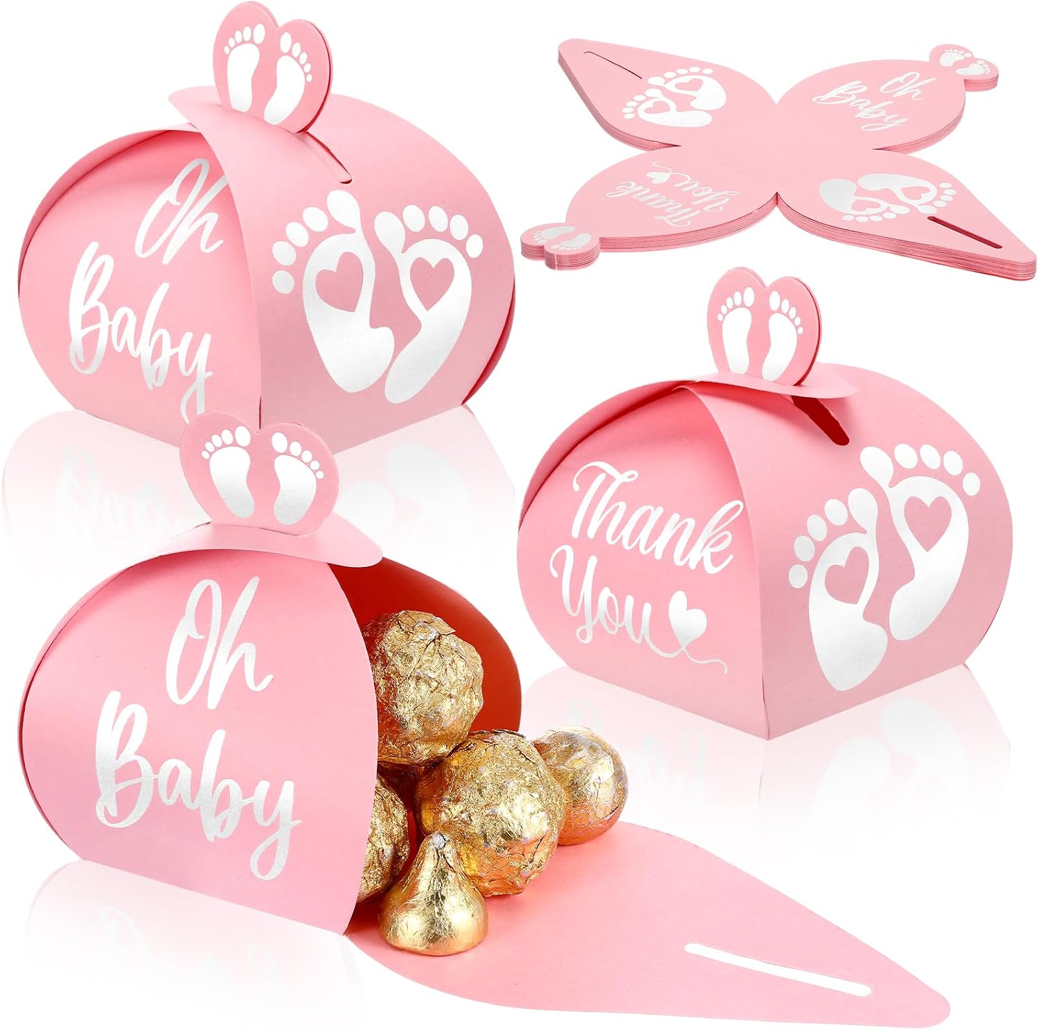 Humyoun 50 Pcs Baby Shower Thank You Gift Box Footprint Small Candy Treat Boxes Heart Favor Bags with White Gold Foil Printed for Guest Baby Shower Gifts Neutral Gender Reveal Favors (Pink)
