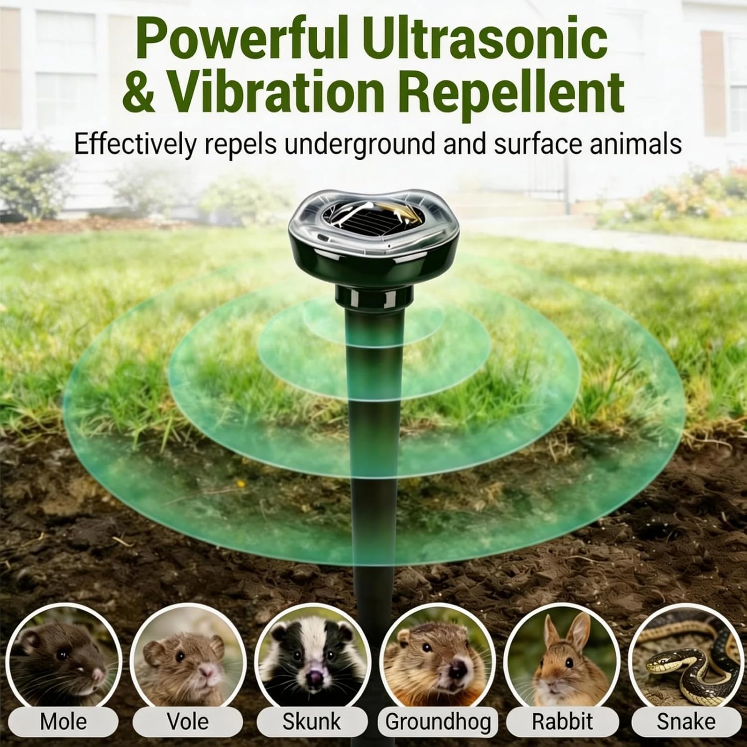 Mole Repellent Solar Powered, Ultrasonic Deterrent for Yard, Lawn and Garden, Repels Snake, Rabbit, Gopher, Chipmunk, Vole, Skunk, Deer, Raccoon & Armadillo, IP65 Waterproof Outdoor(4 Pack)