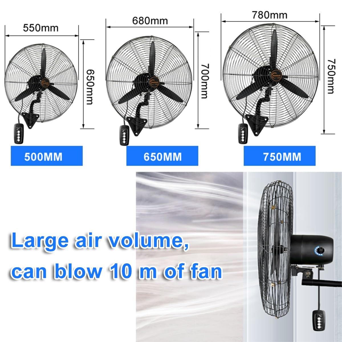 Ventilador De Pared De 500/650/750mm, Ventilador Industrial Con 4 Velocidades, Ventilador Servicio Pesado Orientable Y Oscilante Para Almacén De Taller De Fábrica(500MM)