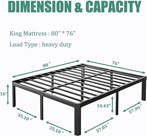 Miniatura 3 de Marco de cama de metal de plataforma de 16 pulgadas de alto, tamaño King, marco de cama King, no necesita somier, resistente, sin ruido, fácil
