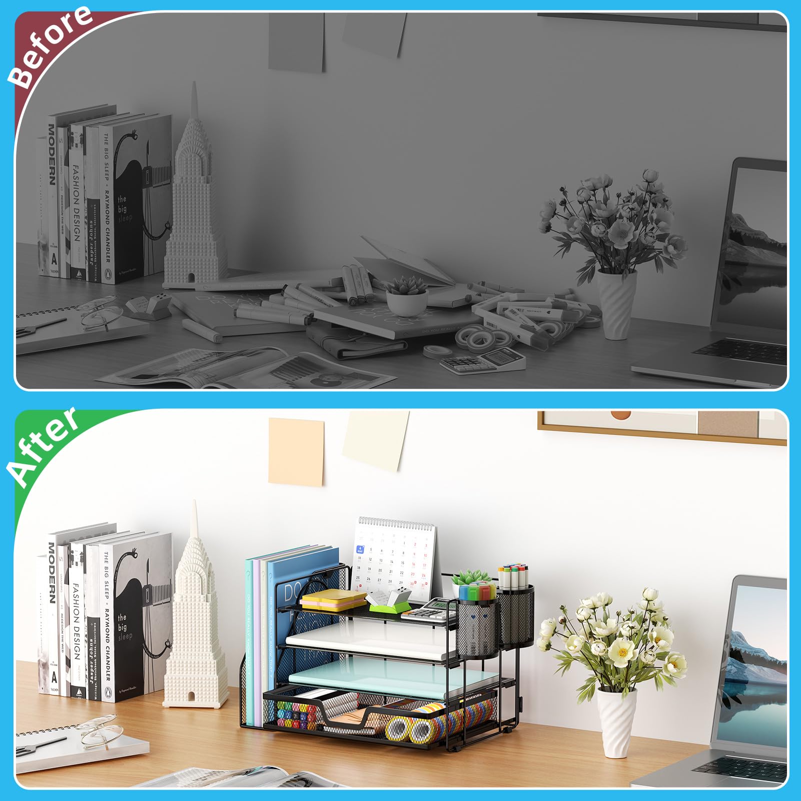 Marbrasse Organizer da scrivania e accessori, organizer per lettere a 4 livelli con porta documenti, accessori da scrivania e spazio di lavoro, organizer da scrivania con cassetto e 2 portapenne, per