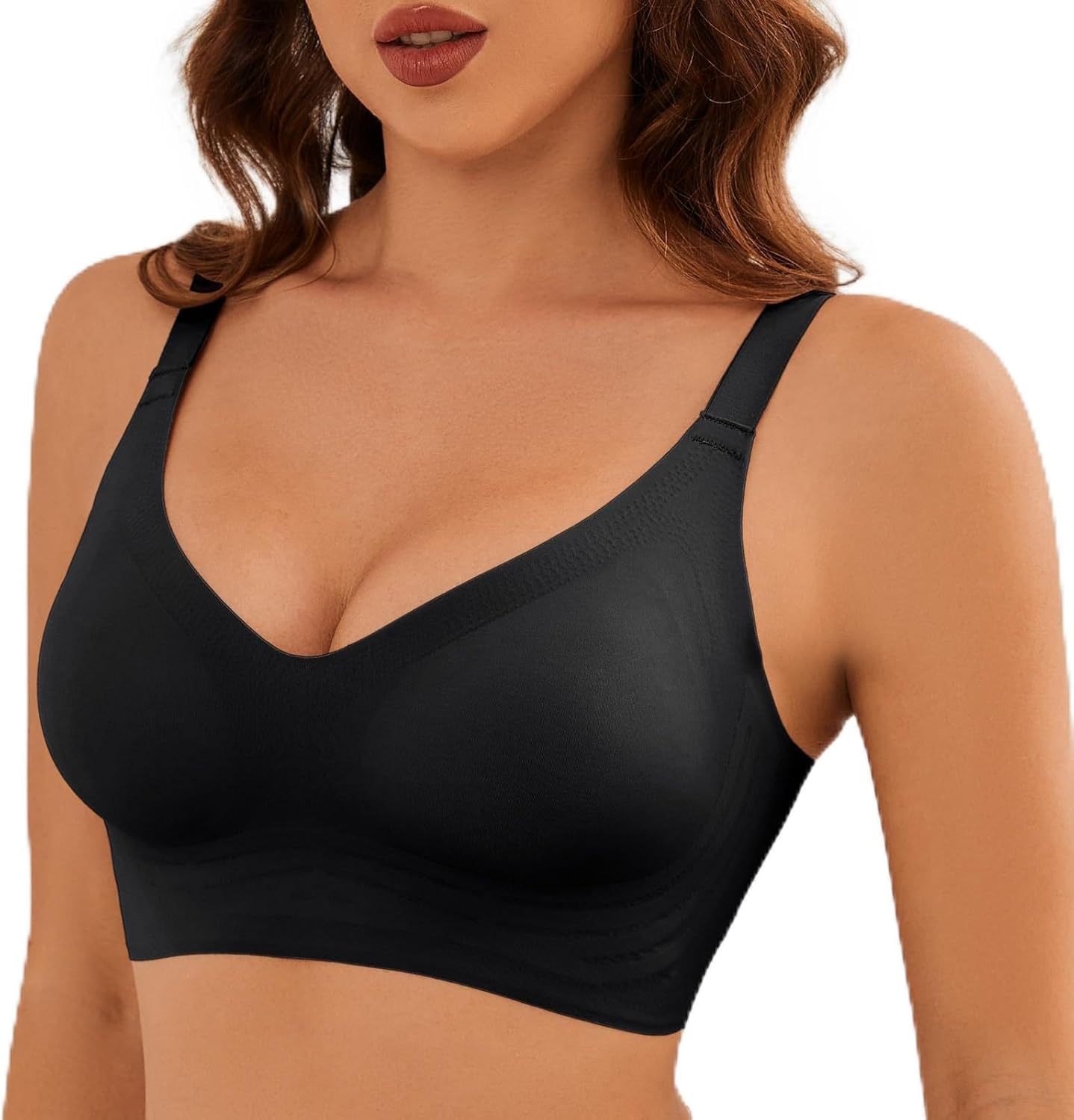 Bra for Women, Seamless Deep V Wireless Smooth Bra - Push Up, No Underwire, Bralettes - Full Comfort for Sport & Everyday (Ebony, M)