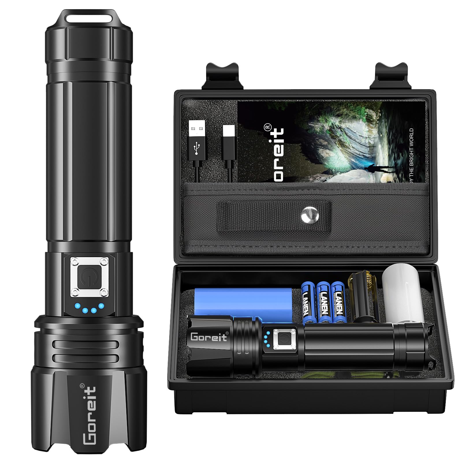 Goreit Flashlight High Lumens Rechargeable, 2000 Lumen Led Flashlights XHP70.2 USB Super Bright Flash Light Battery Powered, Powerful Handheld Flashlights for Emergencies Camping, IP67 WaterproofCarbonfree Certified