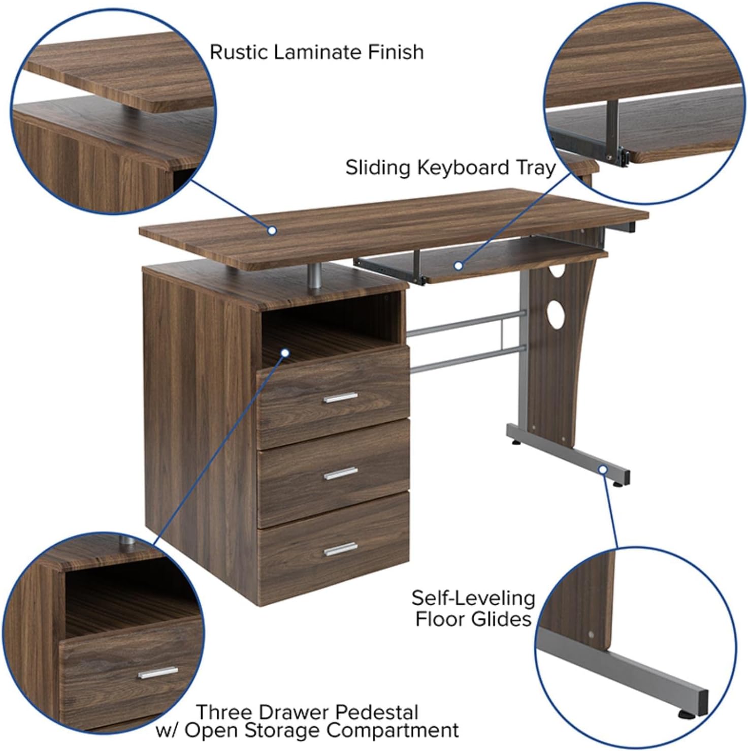 Rustic Walnut Executive Desk with Keyboard Tray and Storage