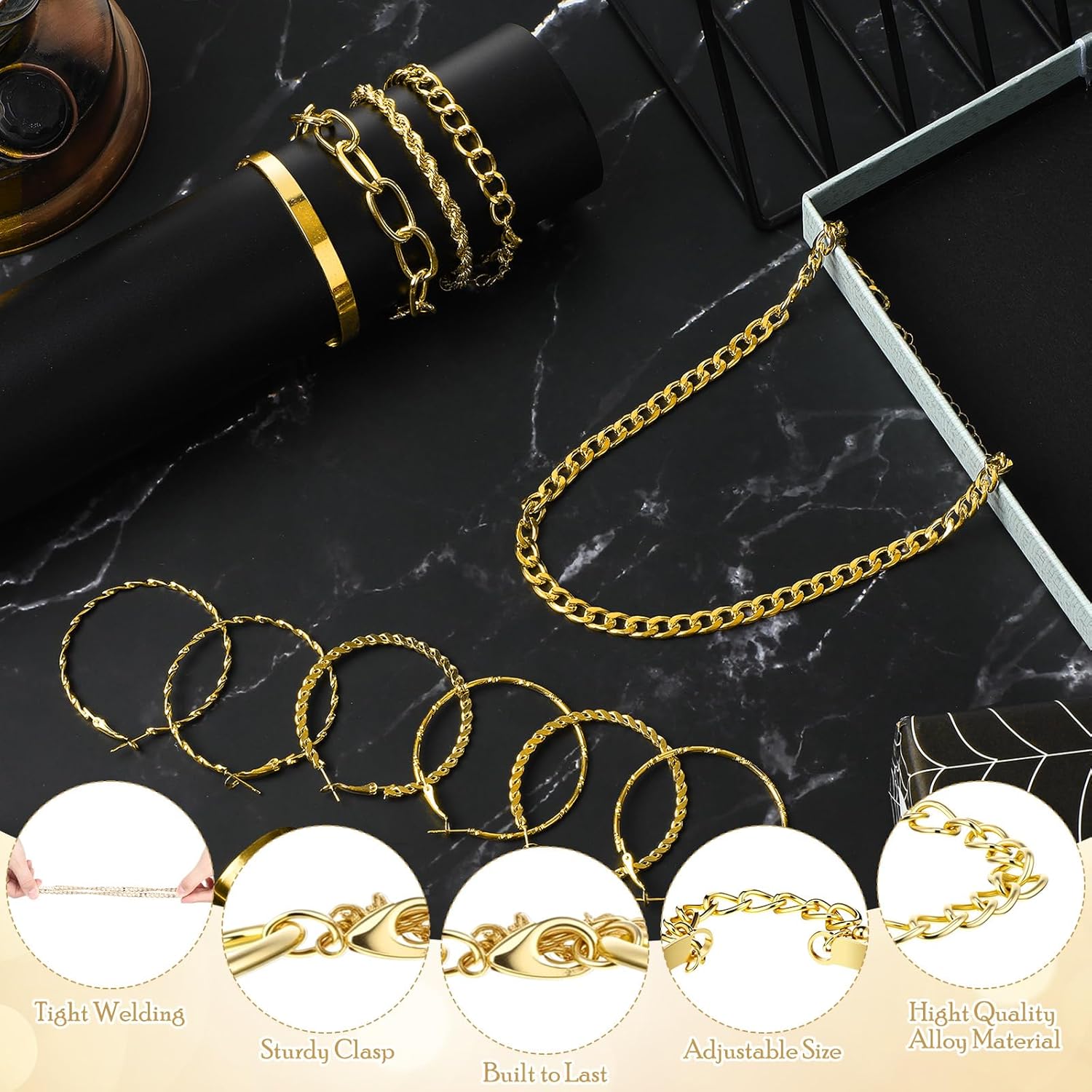 8 Pcs Y2k Chunky Gold Jewelry Set for Women 80s 90s Jewelry Set Cuban Link Necklaces Hip Hop Costume Accessories Layered Chunky Bracelets Hoop Earrings for Women Christmas Birthday Gift - Image 3