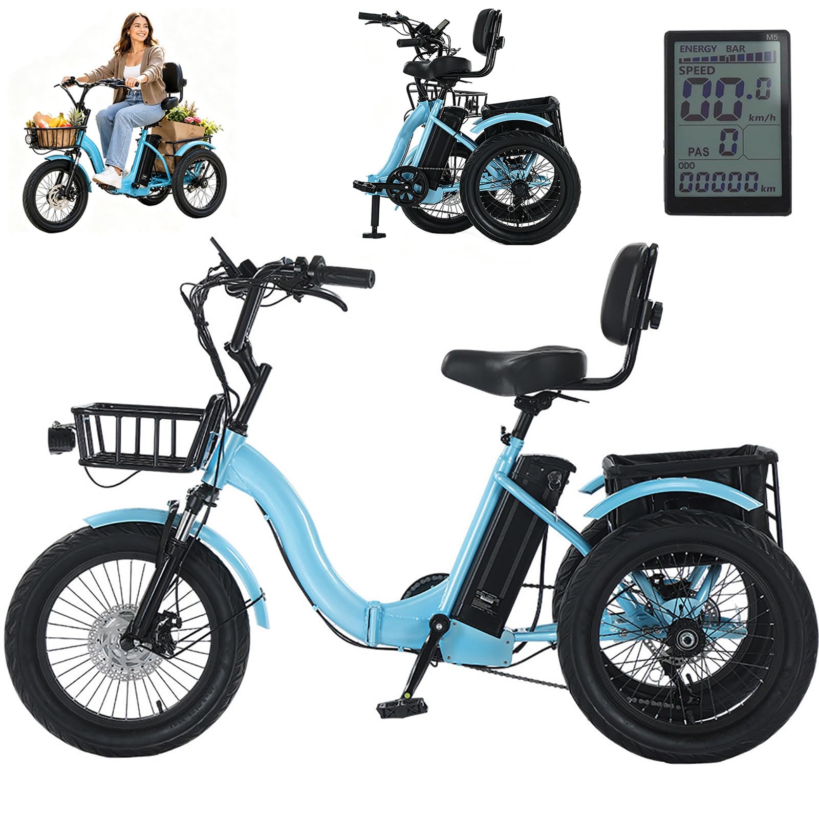 Triciclo Elettrico Pieghevole Da 18″ Per Adulti, 3 Modalità Di Guida | Cambio A 7 Velocità | Capacità Di Salita Di 15°, Batteria Da 48V 13Ah – Autonomia Di 44km, Telaio A Scavalco Basso Blue