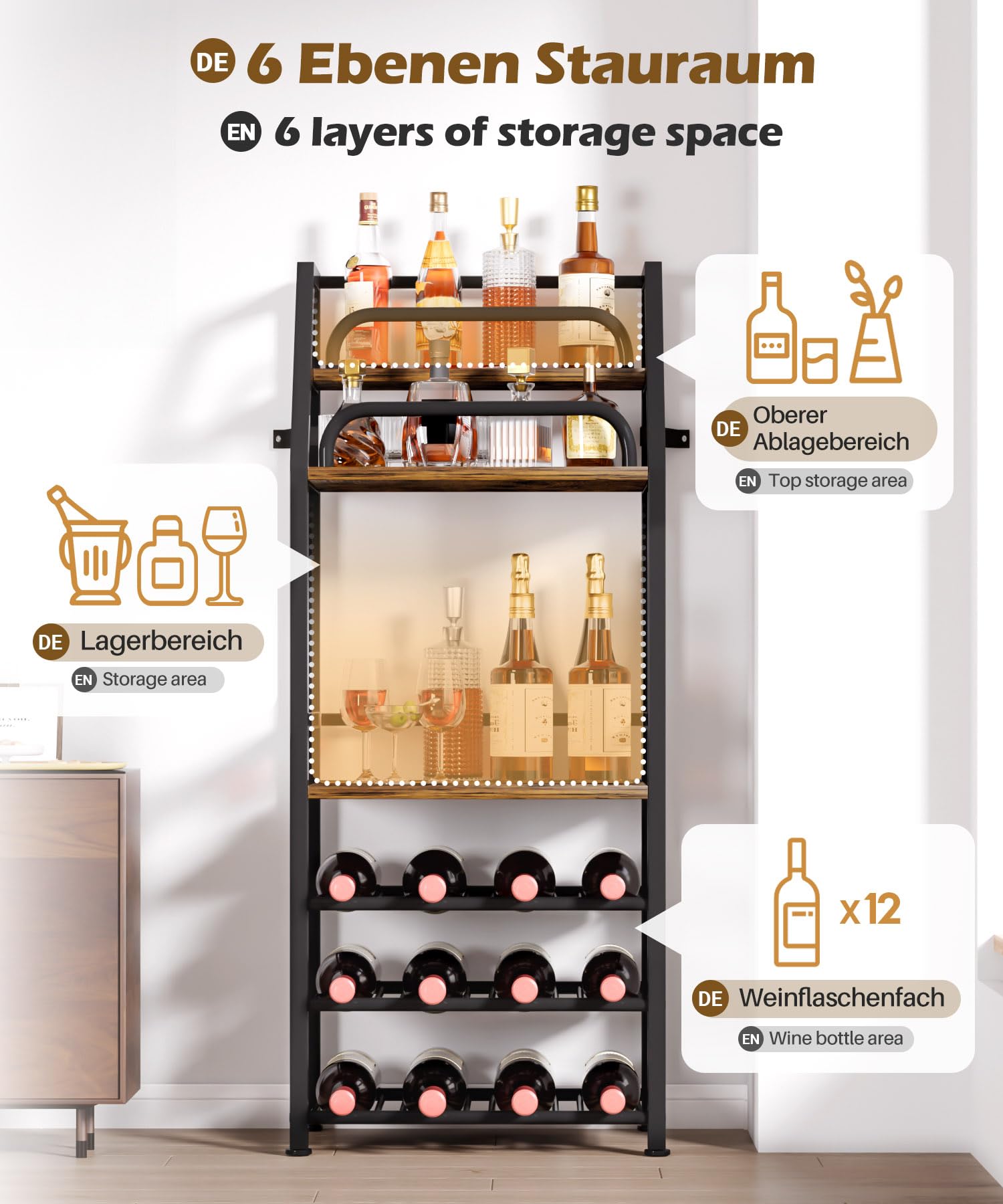 Yorbay Freistehendes Weinregal mit Erweiterte Regale: 3-Stöckiges Flaschenregal für 12 Flaschen - Metall-Holz Weinflaschenhalter mit Geländer und Lagerbereich für Bar Küche Esszimmer
