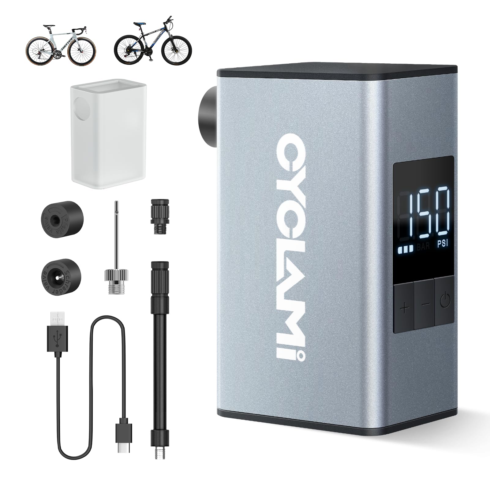A3MAX Mini Elektrische Fahrradpumpe mit 150 PSI, USB-C Wiederaufladbar, Kompakte Luftpumpe für Presta- und Schrader-Ventile, Ideal für Bälle & Aufblasartikel