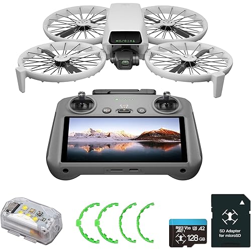 DJI Flip With RC 2 Screen Remote controller, Bundle with 128GB Micro SD Card& Propeller Guard Ring& Strobe Light - Drone With 4K UHD Camera for Adults, Under 249g, Palm Takeoff, 31-Min Flight Time