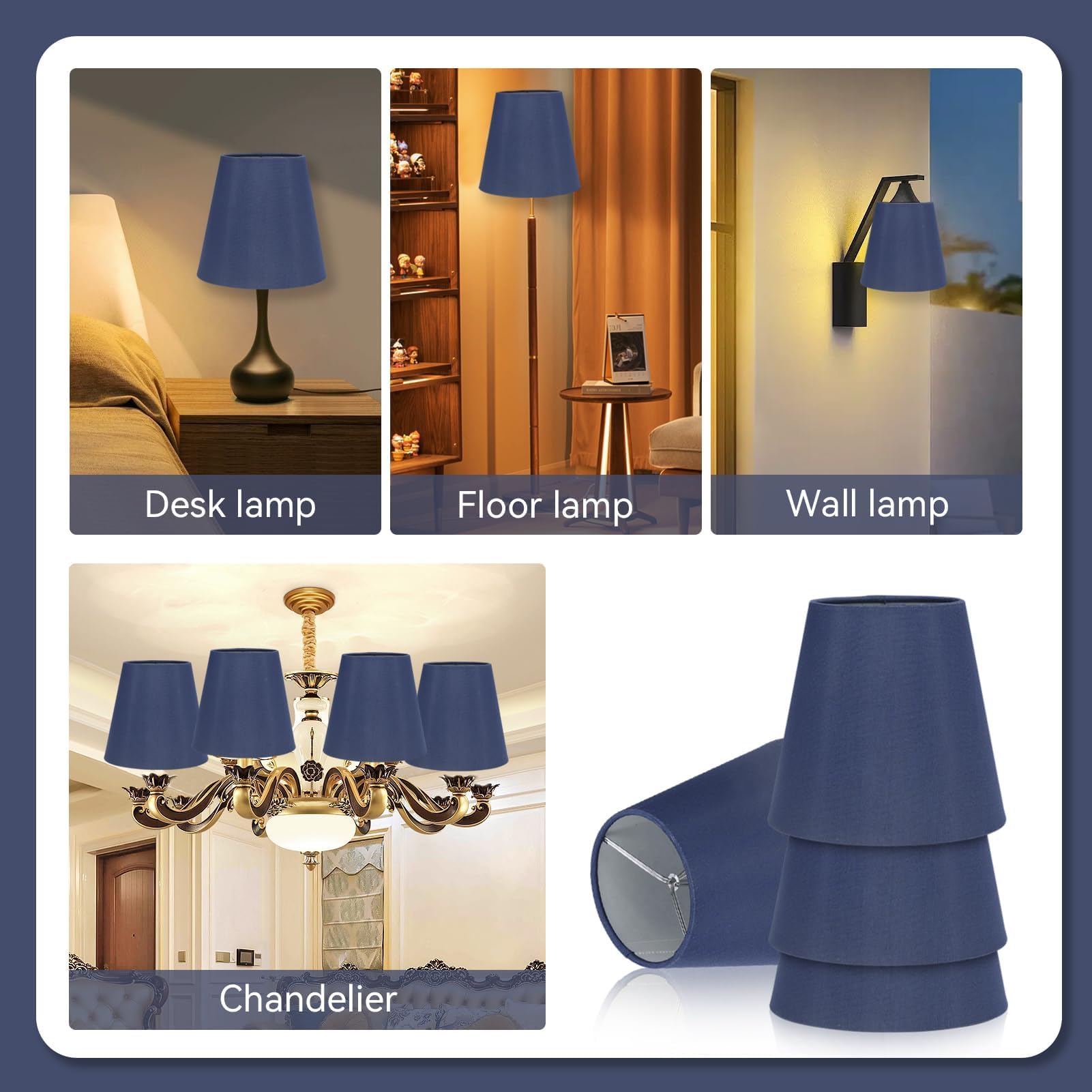 Pantallas de lámpara de araña E14 de tela, juego de 6 pantallas de lámpara con clip Pantalla de lámpara moderna Pantalla de luz colgante para lámparas de pared de piso de mesa(azul oscuro)