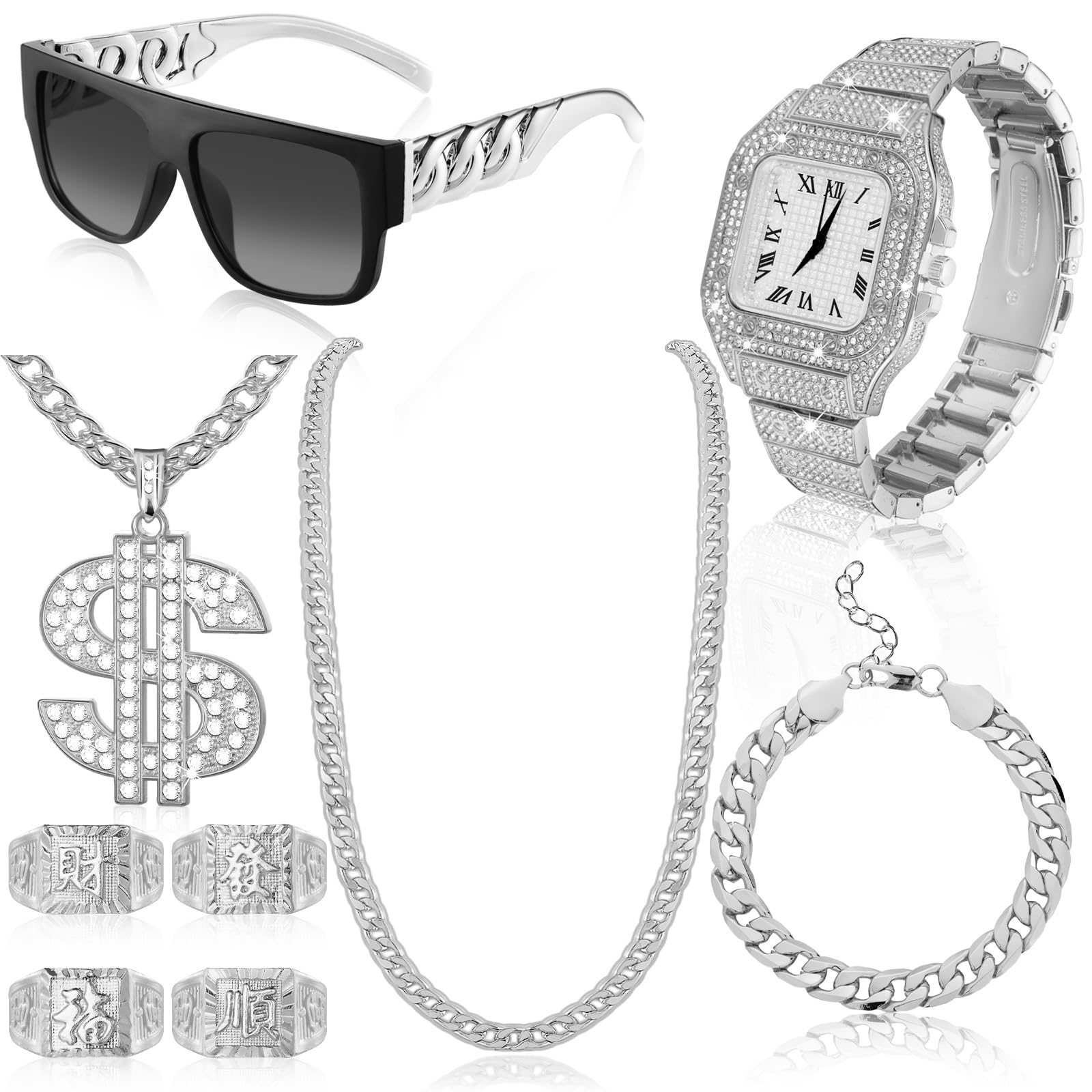 9 Pcs Hip Hop Jewelry Set Dollar Sign Pendant Necklace Bracelet Diamond Watch Punk Sunglasses Lucky Rings for Men