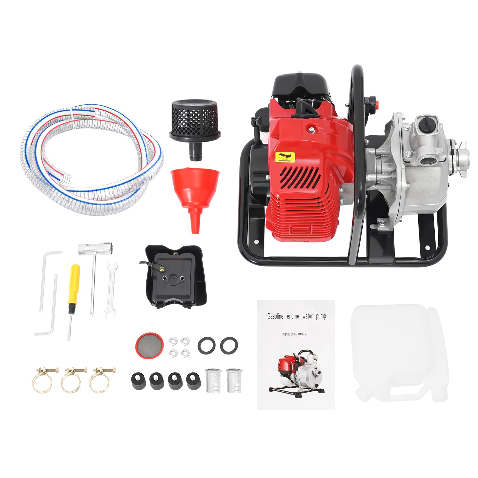 Bomba de agua de gasolina de 43 cc, motor de 2 tiempos de 1,7 CV, bomba de agua portátil de 1,25 kW, caudal de 10 m³/h, altura máxima de extracción de 30 m, 8500 rpm