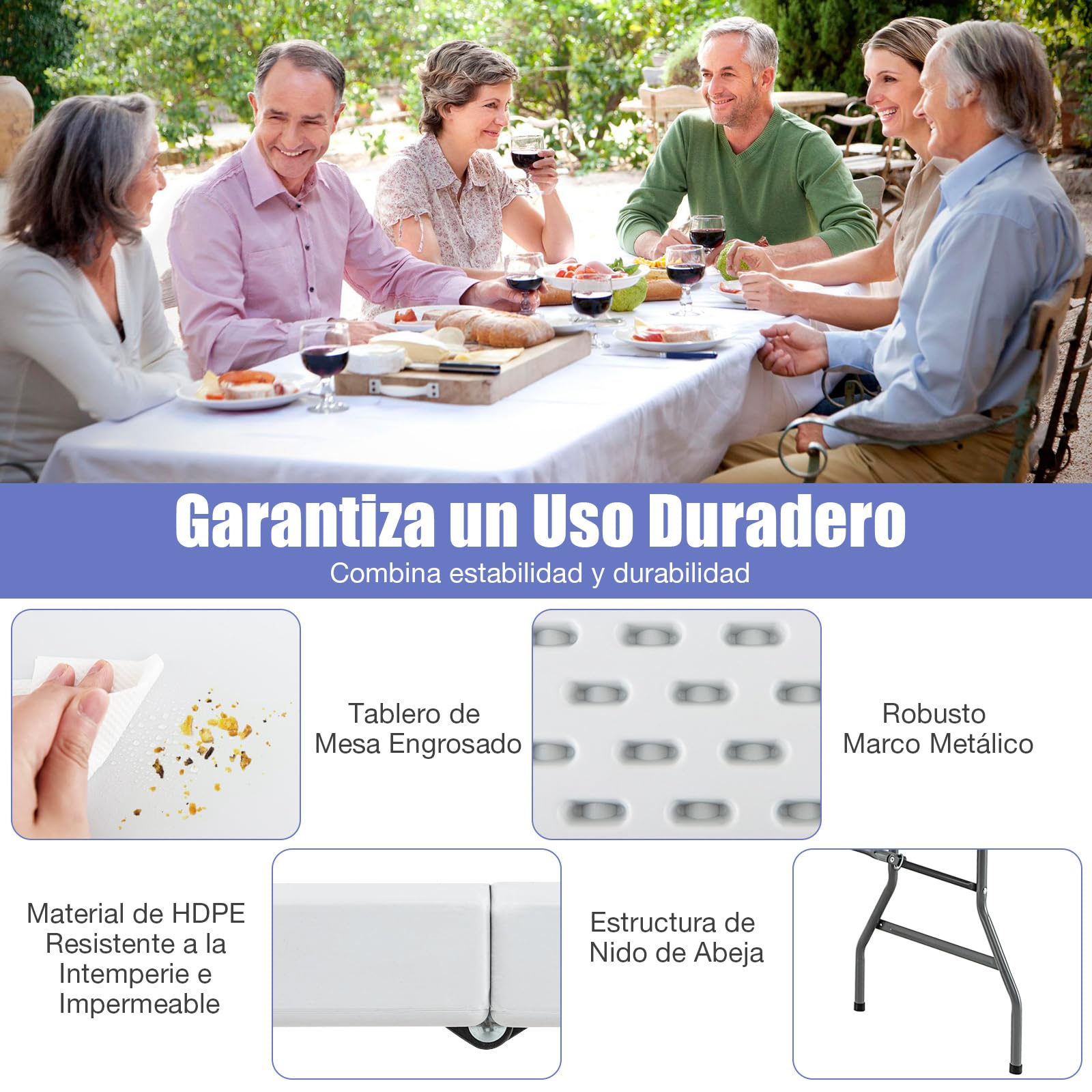 GYMAX Mesa Rectangular Plegable, Mesa de Comedor Exterior e Interior de HDPE, con Patas de Metal, Almohadillas Antideslizantes, para Camping, Picnic, Jardín, Playa, 180 x 75 x 73,5 cm, Blanco
