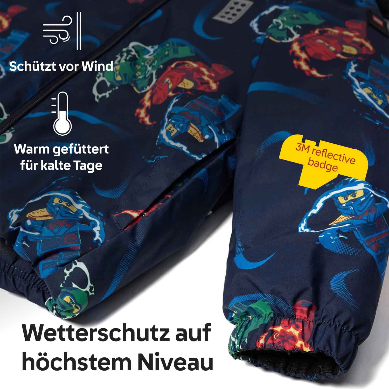 Kabooki LEGO® NINJAGO® Winterjacke für Jungen - Winddichte & Wasserabweisende (3.000 mm) Jacke mit All-Over Print | Abnehmbare Kapuze, Fleece-Futter & 3M Reflektoren