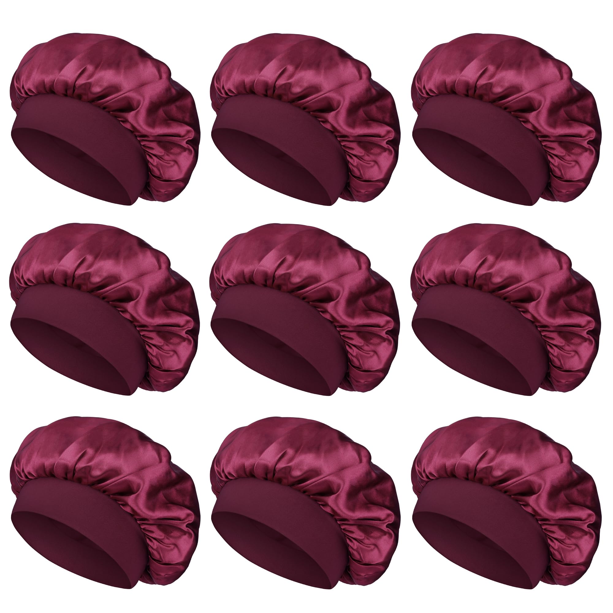 Satin Bonnet Silk Hair Bonnet for Sleeping Women Men Night Cap Sleep Bonnet Hat Hair Cap 9 Pack with Wide Band, Burgundy