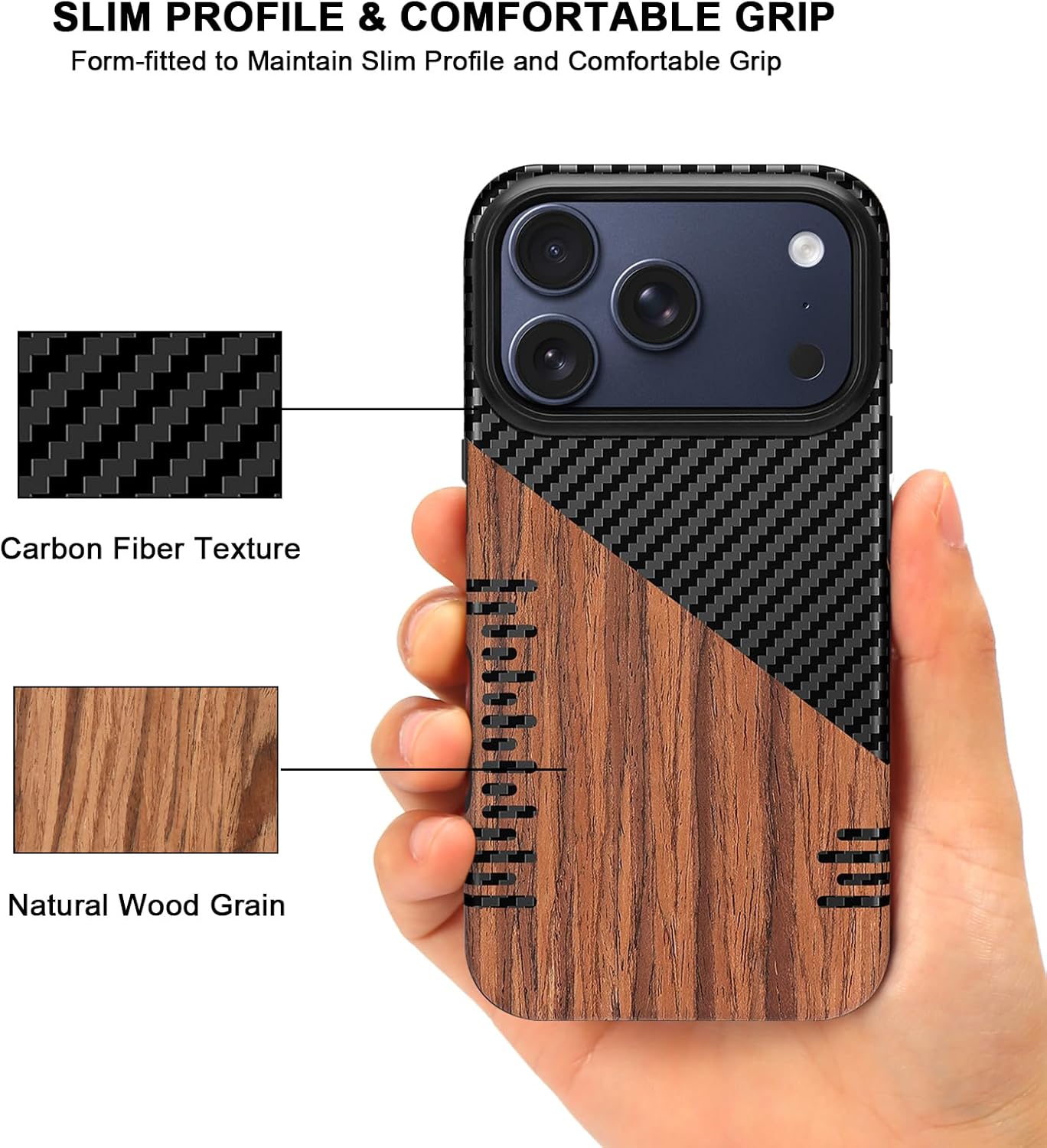 TENDLIN Compatible with iPhone 17 Pro Case Wood Grain with Carbon Fiber Texture Design Leather Hybrid Slim Case (Twill) - Image 3