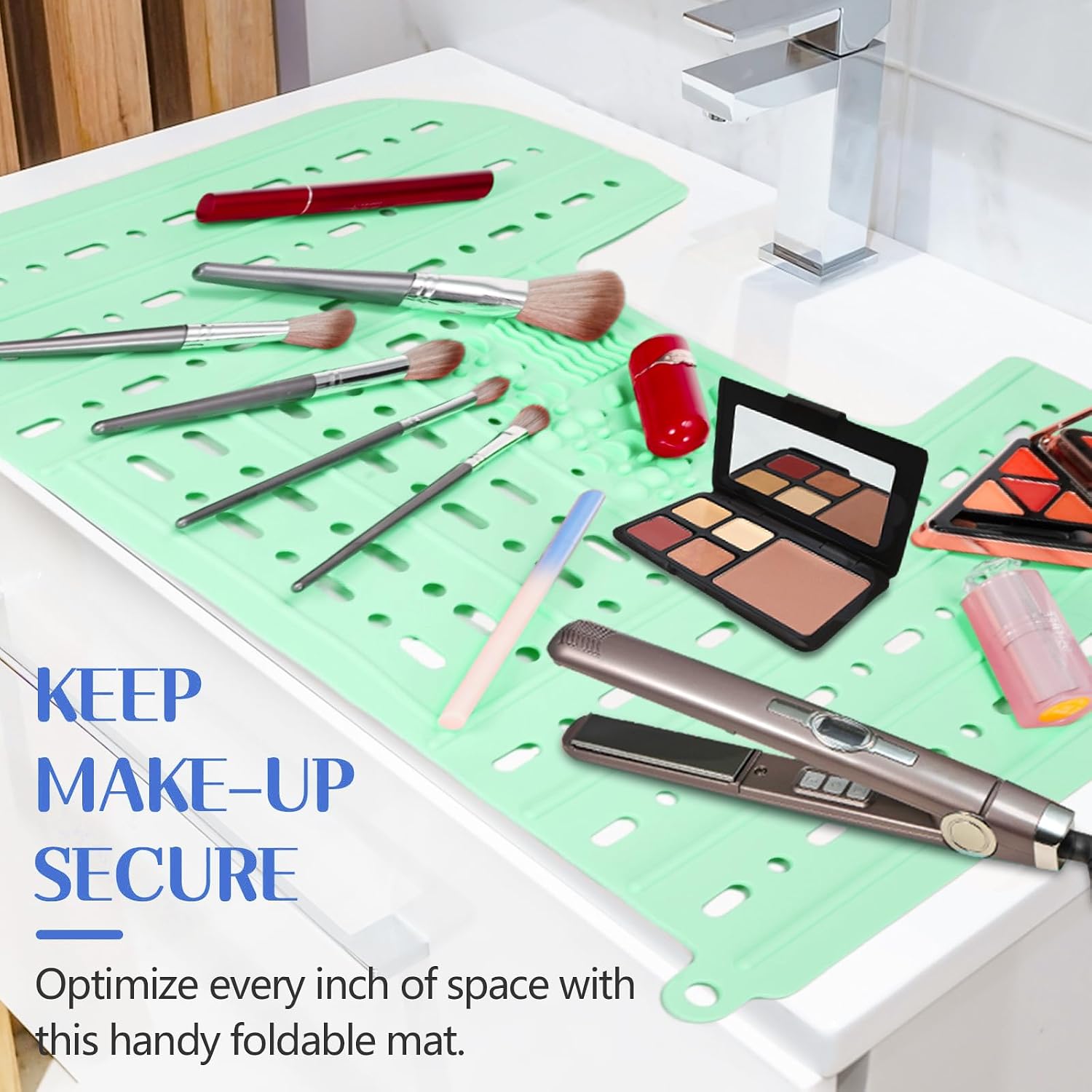 Bathroom Sink Cover for Counter Space, Foldable Silicone Makeup Mat with Hanging Loop Heat-Resistant Sink Cover for Makeup, 22 * 17" Space Saver Sink Organizer Mat for Bathroom, Green image 5