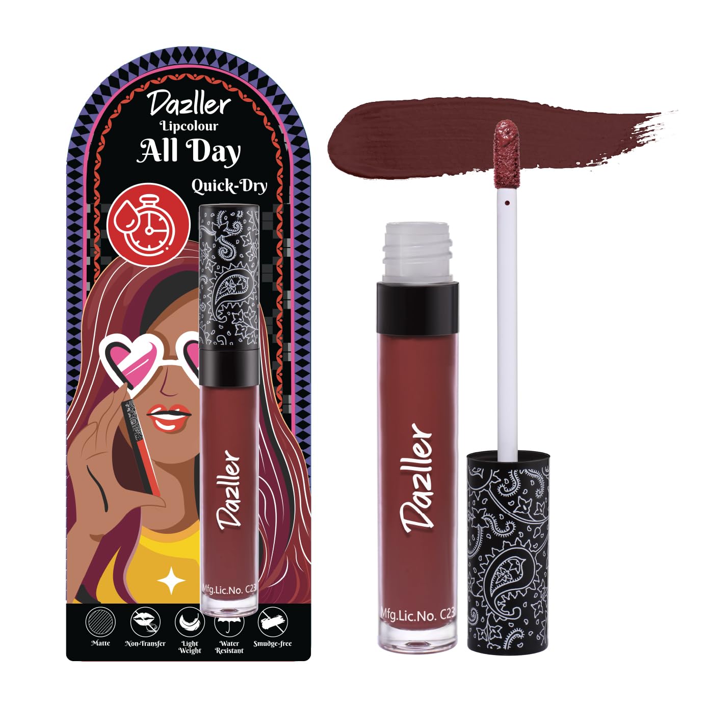 Dazller All Day Lipcolour Quick Dry|Moisturizing Kokum Butter|Non-Transfer & Smudge-proof|8hr stay|Liquid Lipstick for Women|QDLC042 Sweet Pixie|6g