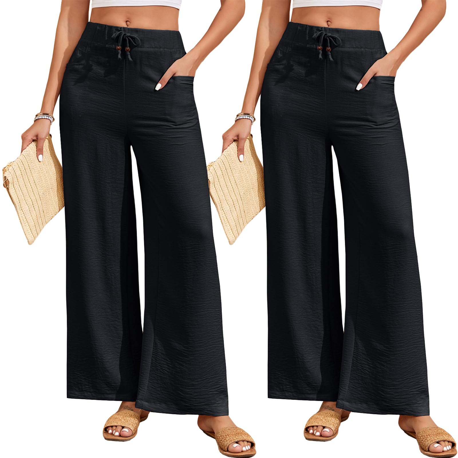 Oymyakon Womens Palazzo Lounge Pants Summer Casual Loose Drawstring High Waisted Wide Leg Pants Beach Trousers